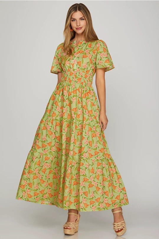 Short Sleeve Woven Floral Print Tiered Maxi Dress