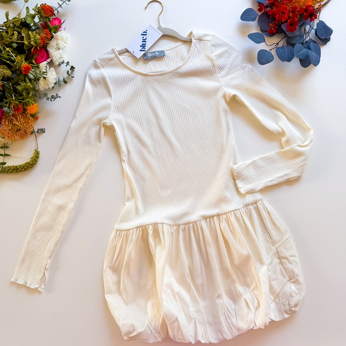 Vanilla Cream Ribbed Bubble Hem Dress