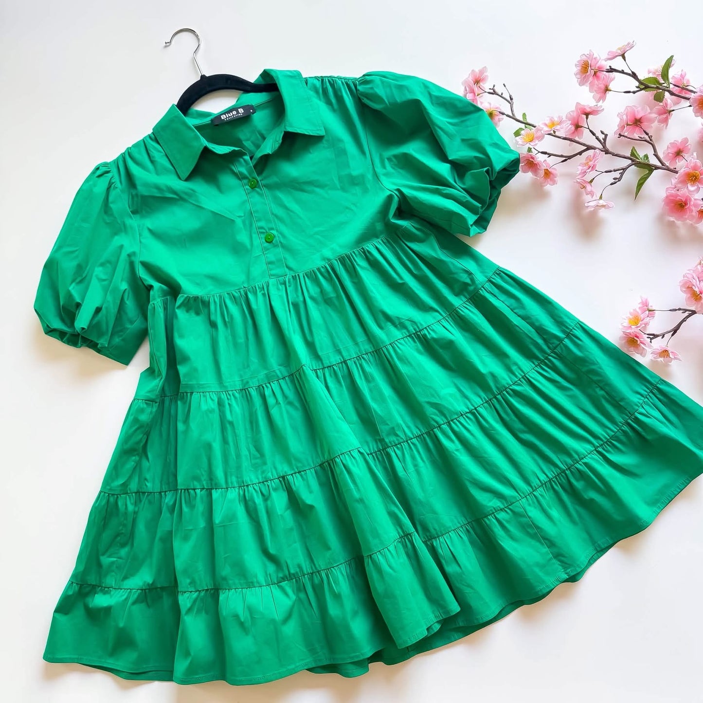S Blue B Green Tiered Button Dress