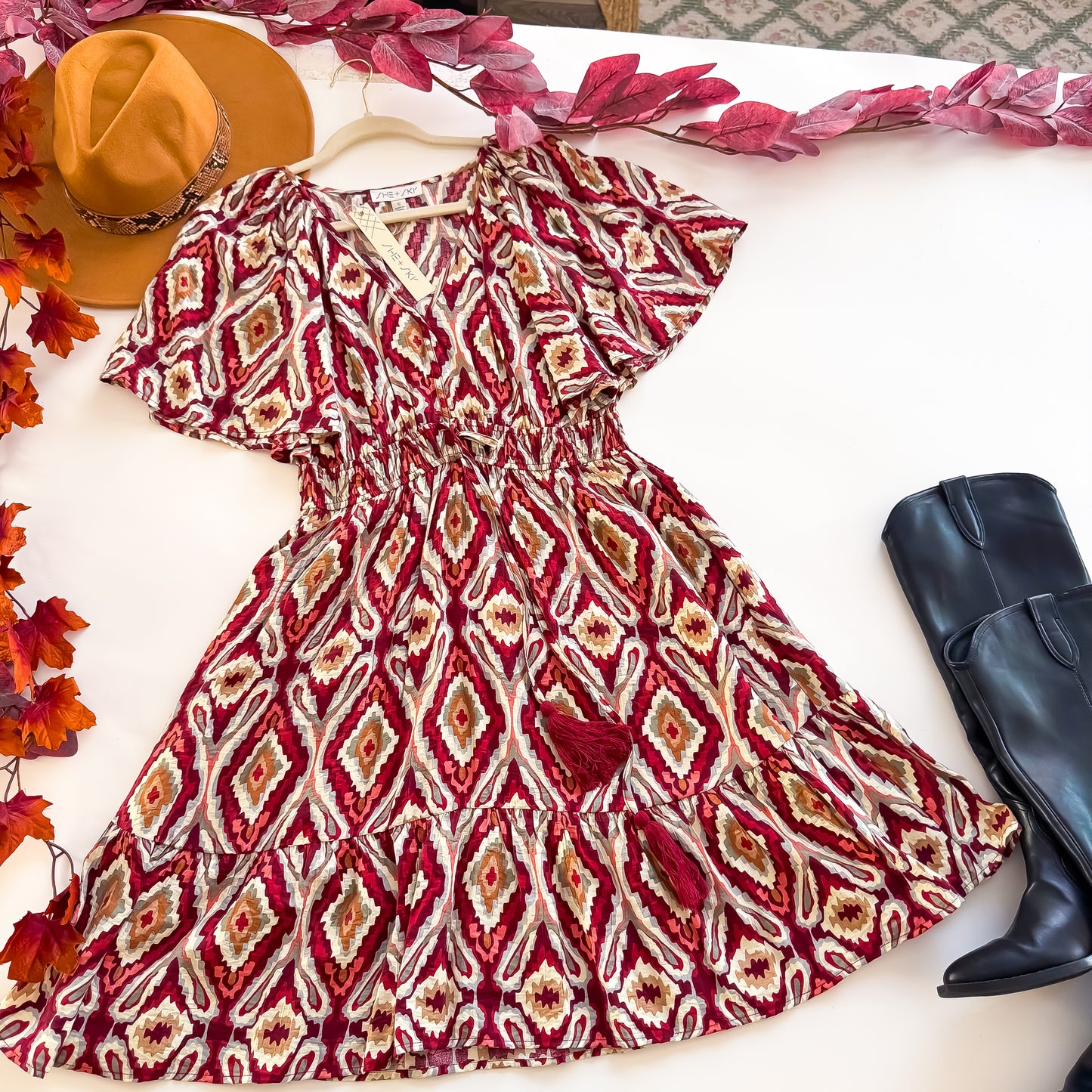 Berry Flutter Sleeve Tassel Print Mini Dress