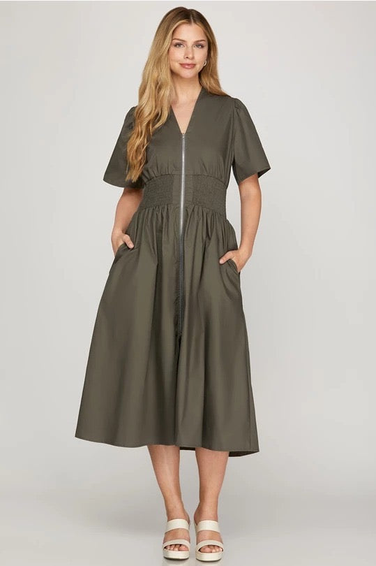 Olive Smocked Waist Zip-Front Midi Dress