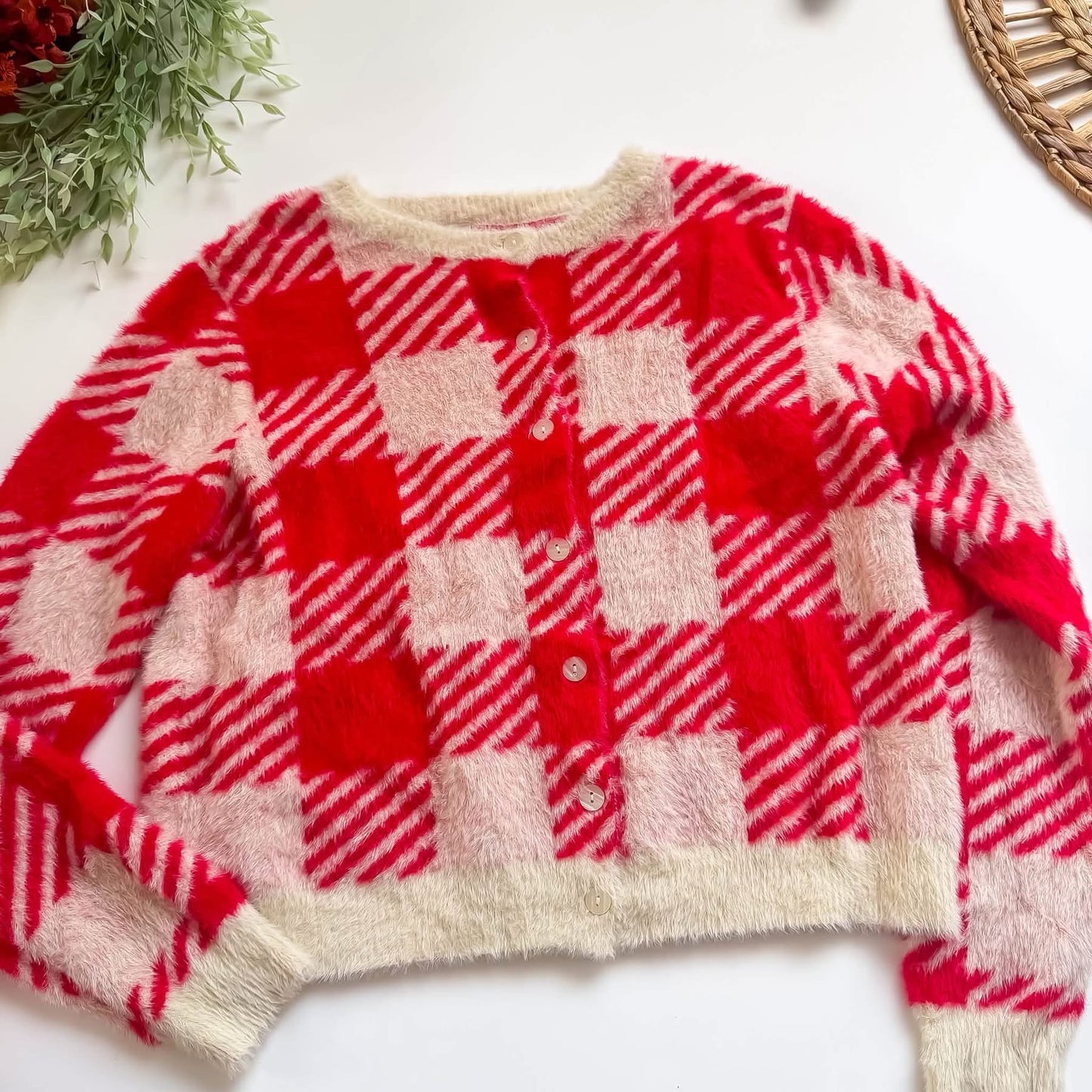 So Me/Bibi Beige and Red Plaid Cardigan