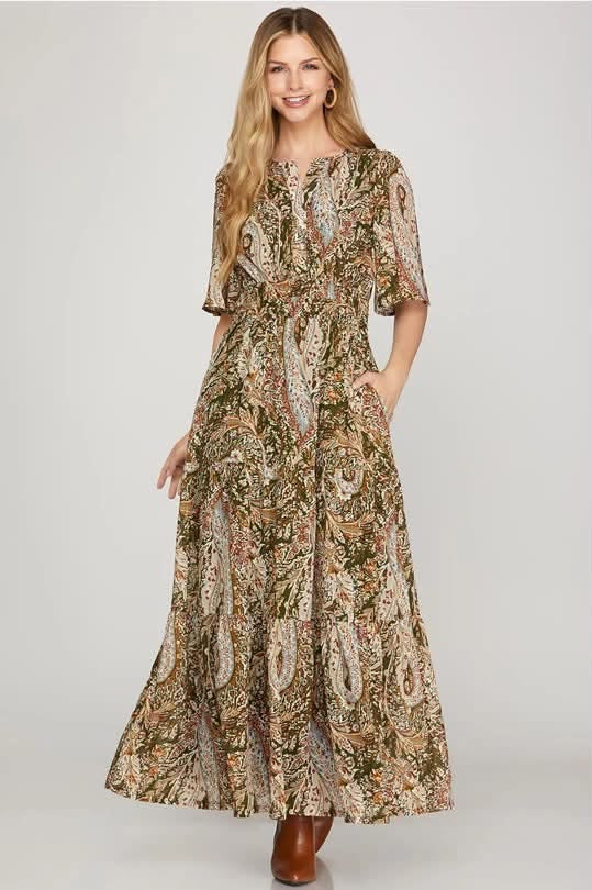 Print Tiered Flutter Sleeve Maxi Dress