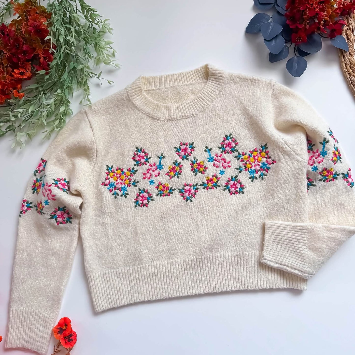 So Me/Bibi Cream Sweater with Floral Detail