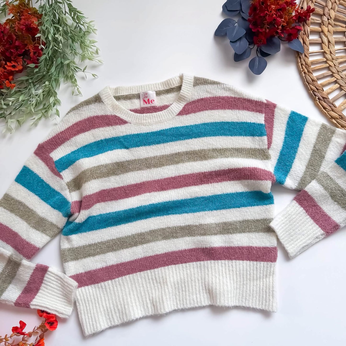 So Me/Bibi Cream Sweater Pink, Tan and Sky Stripe