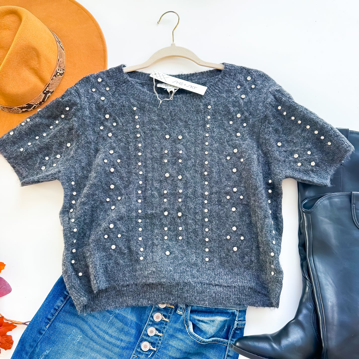 Charcoal Rhinestone Cable Knit Sweater Top