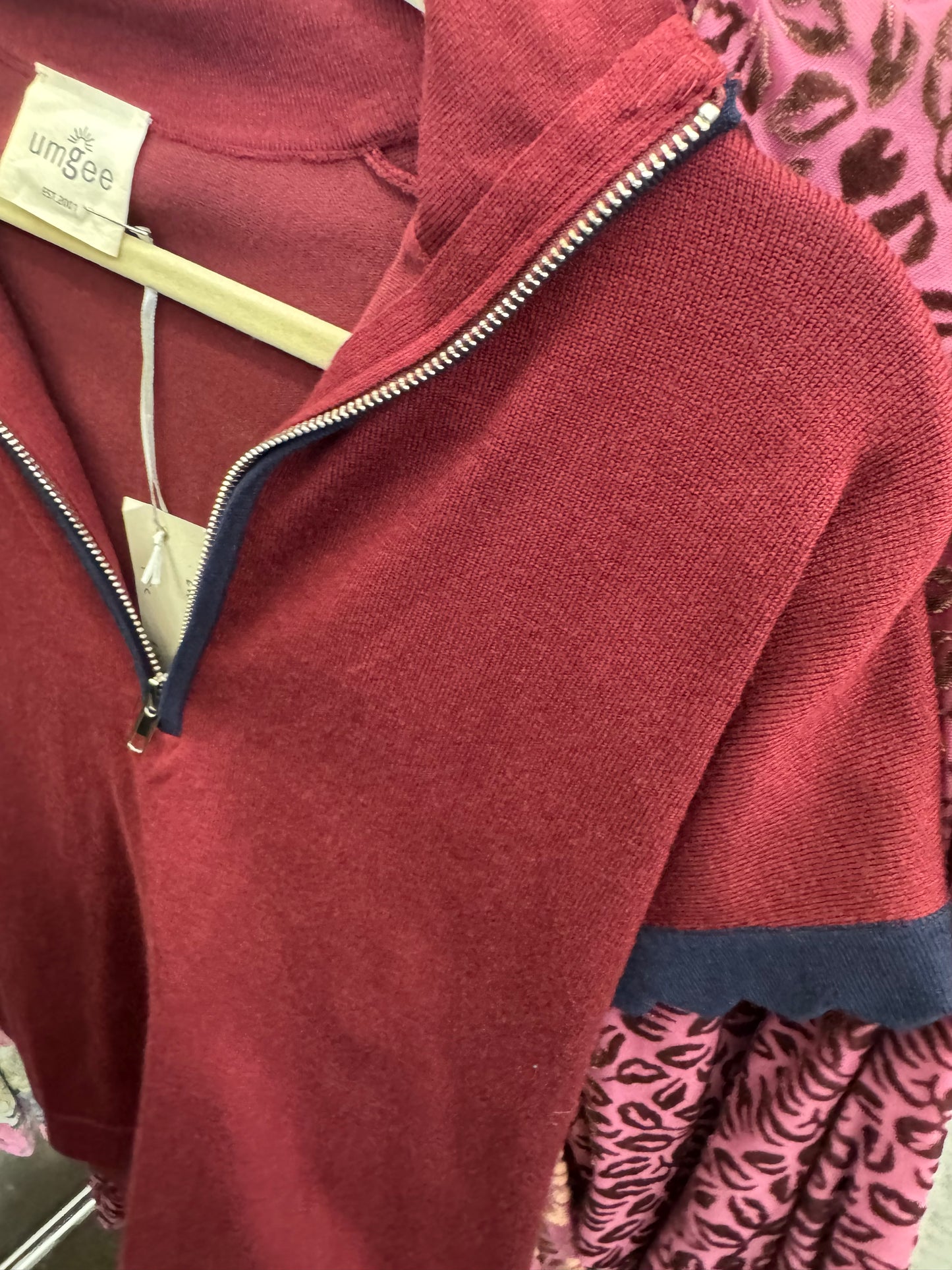 Burgundy Quarter Zip Knit Pullover with Navy Trim
