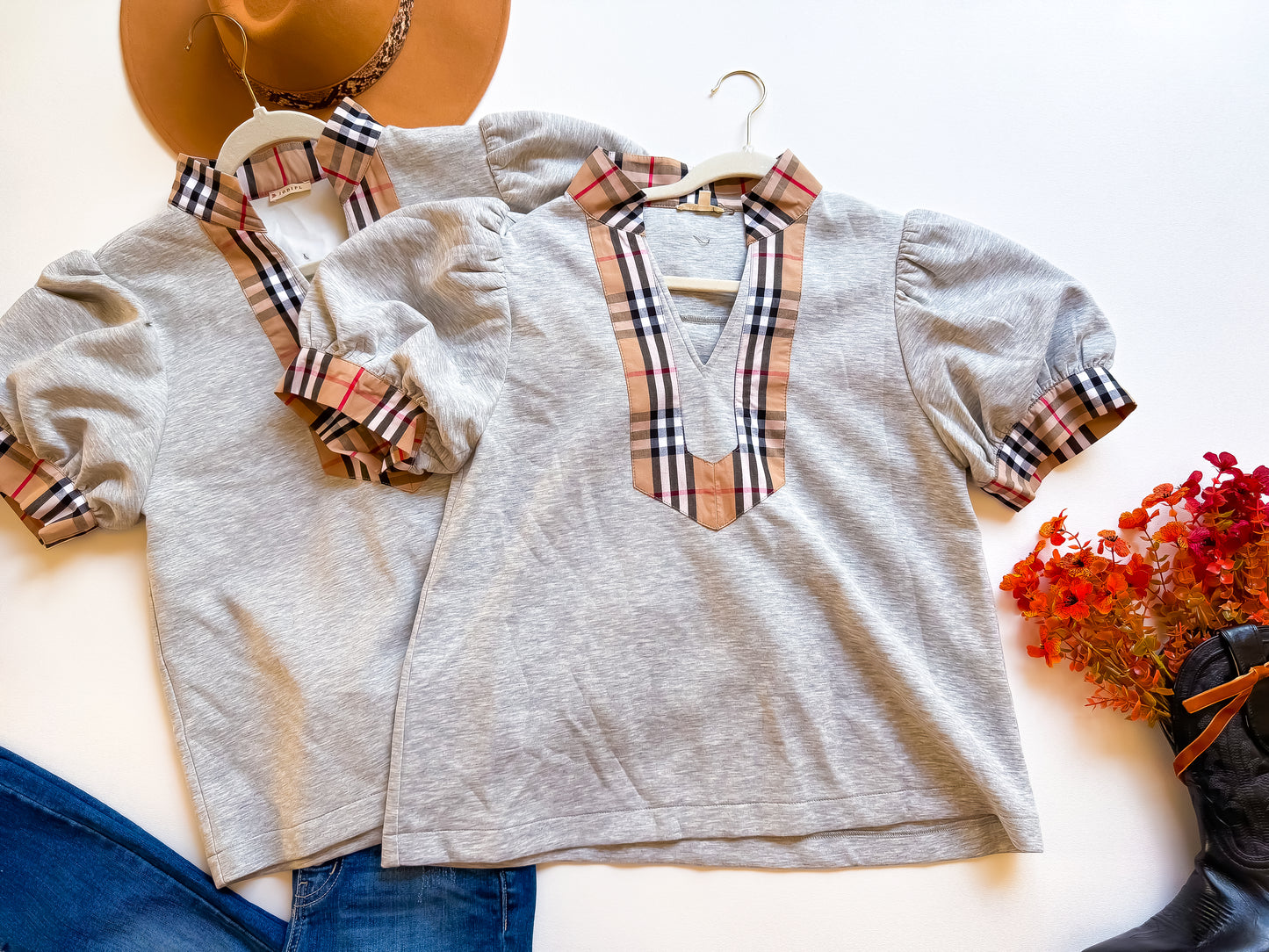 Gray Plaid Trim Cozy Top