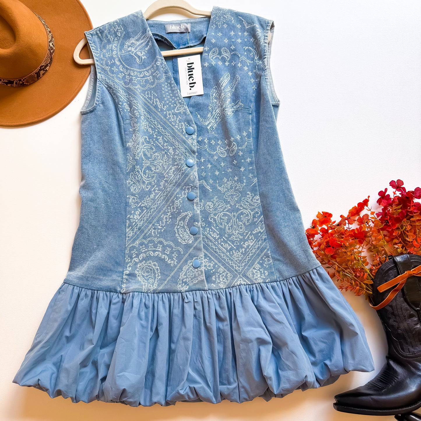 Blue B Denim Print Bubble Button Dress