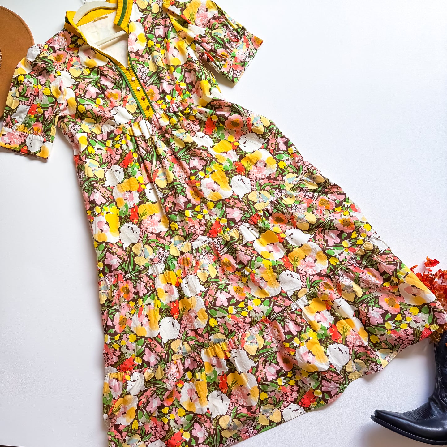 Yellow Floral Stripe Button Floral Maxi