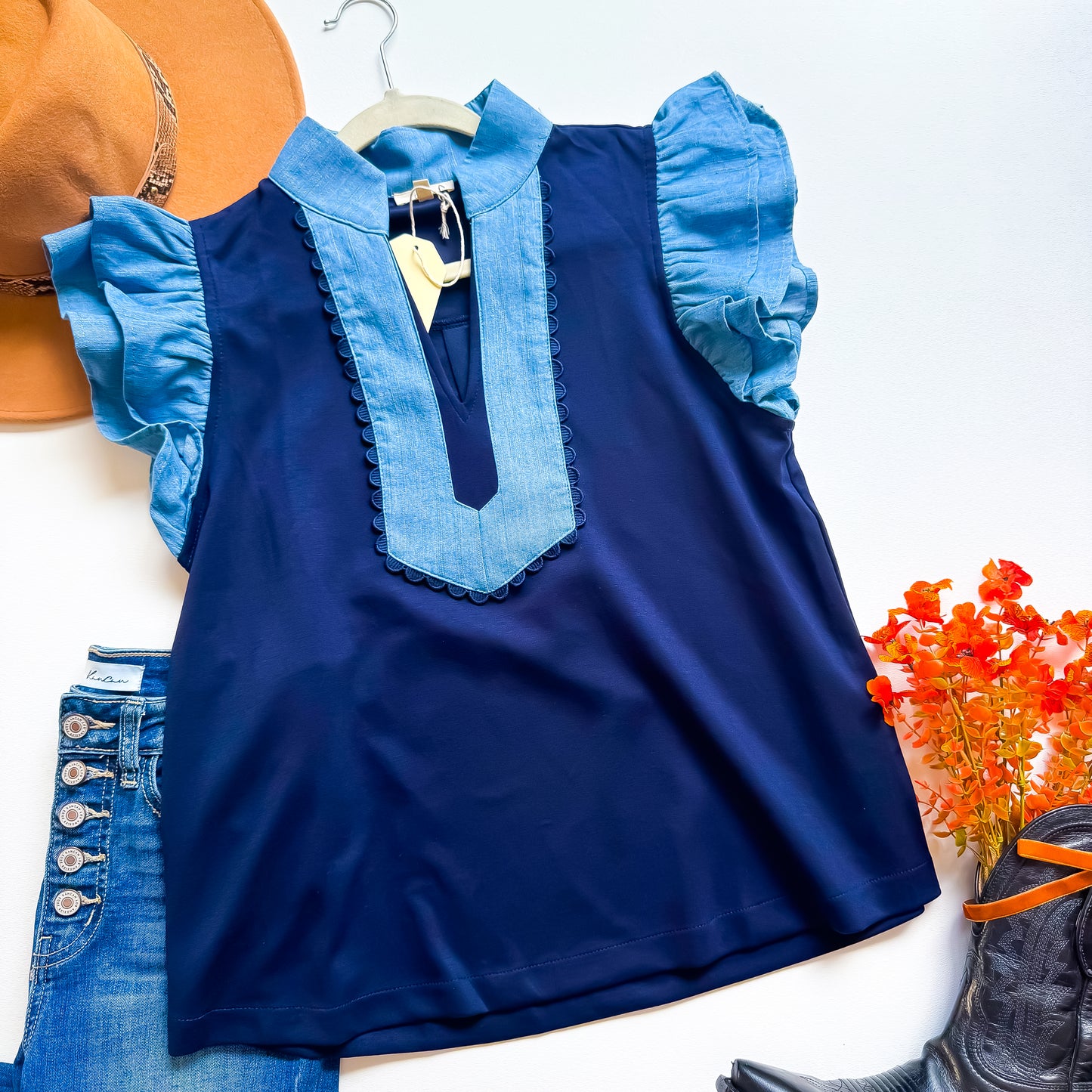 Navy Ruffled Flutter Sleeve Top