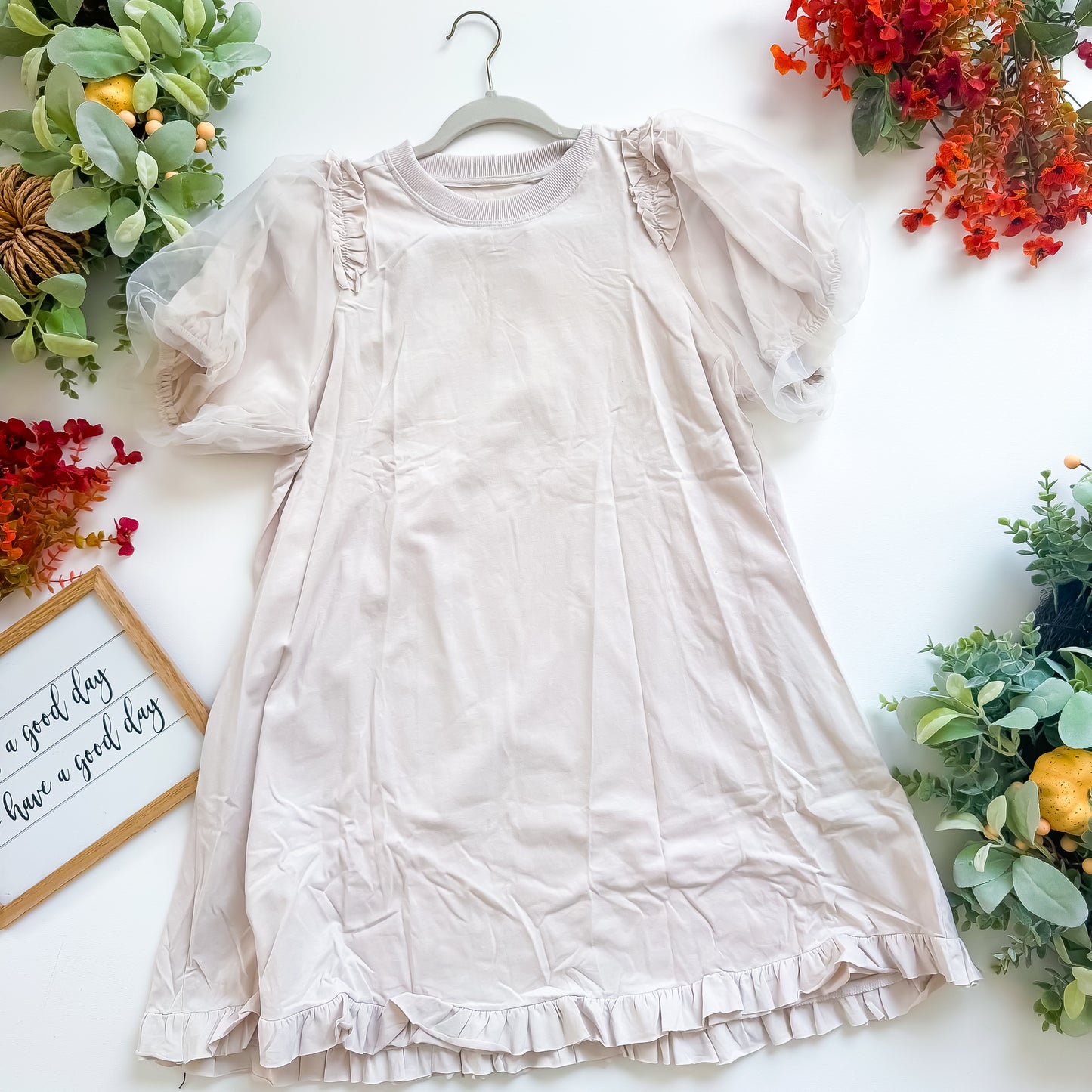 Cream Crew Neck Dress with Sheer Organza Puff Sleeves & Ruffle Trim