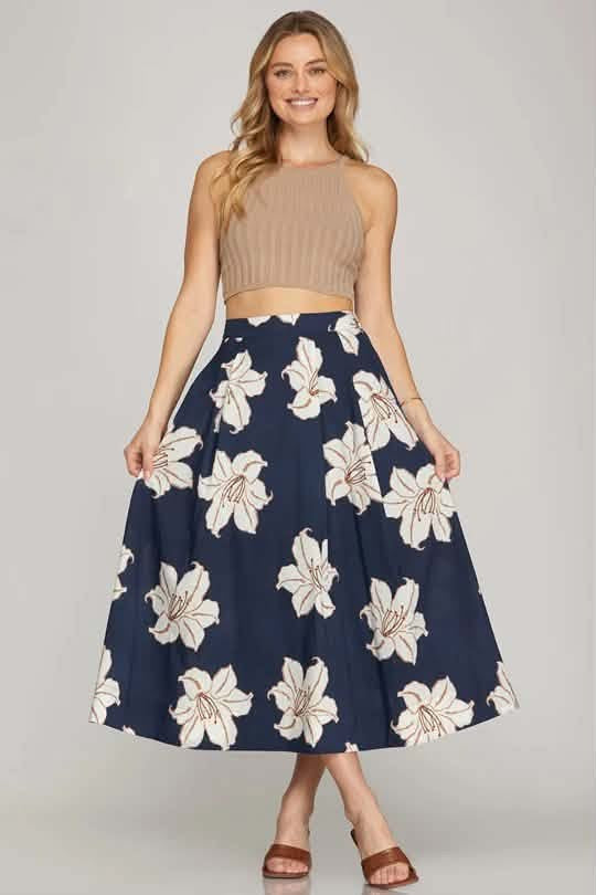 Navy & White Floral Print Midi Skirt with Pockets