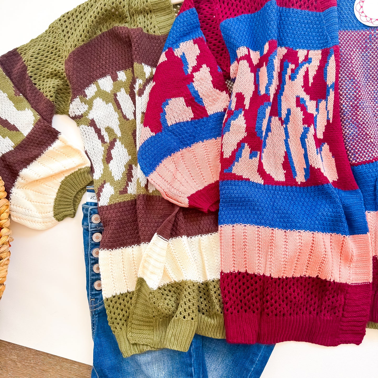 Olive and burgundy cardigan close-up