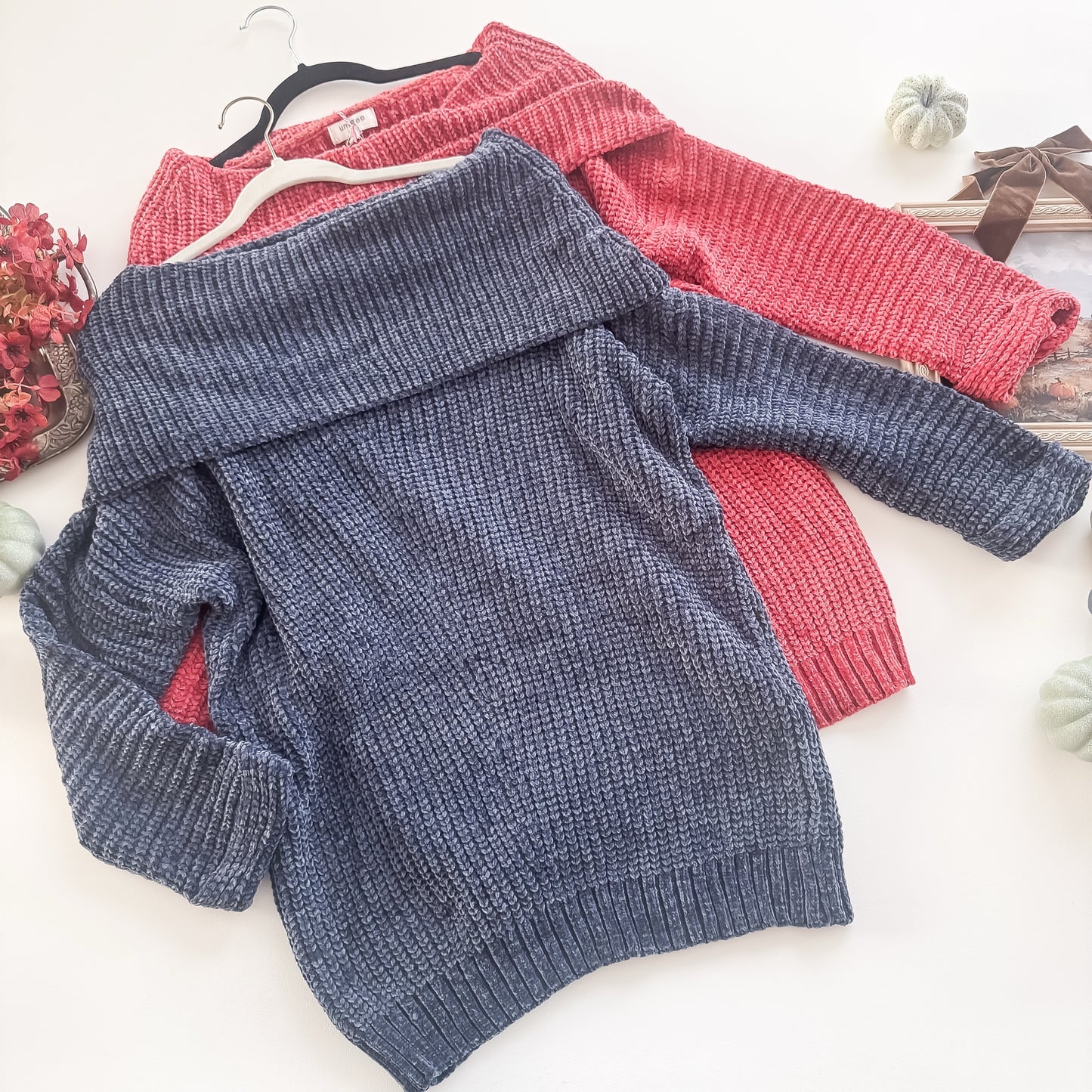 Navy and coral chenille foldover off-shoulder sweaters