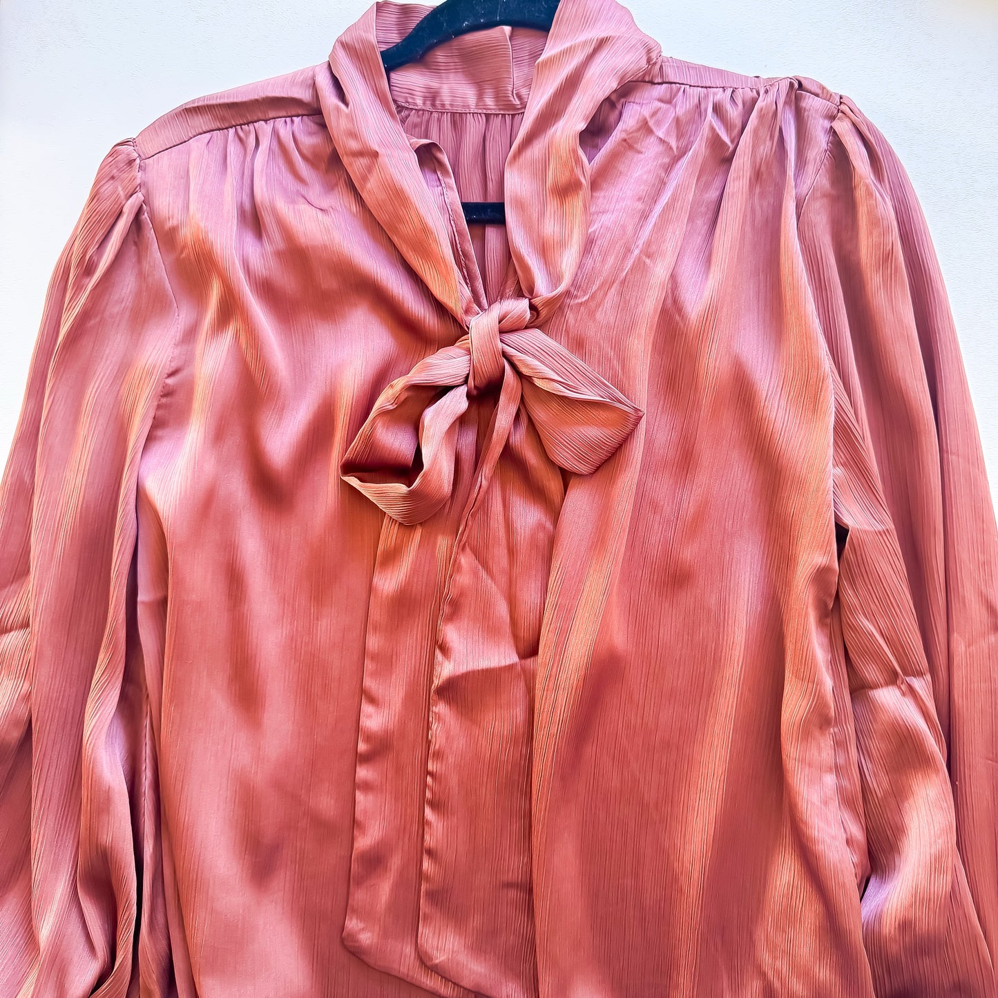 Mauve satin tie neck balloon sleeve blouse