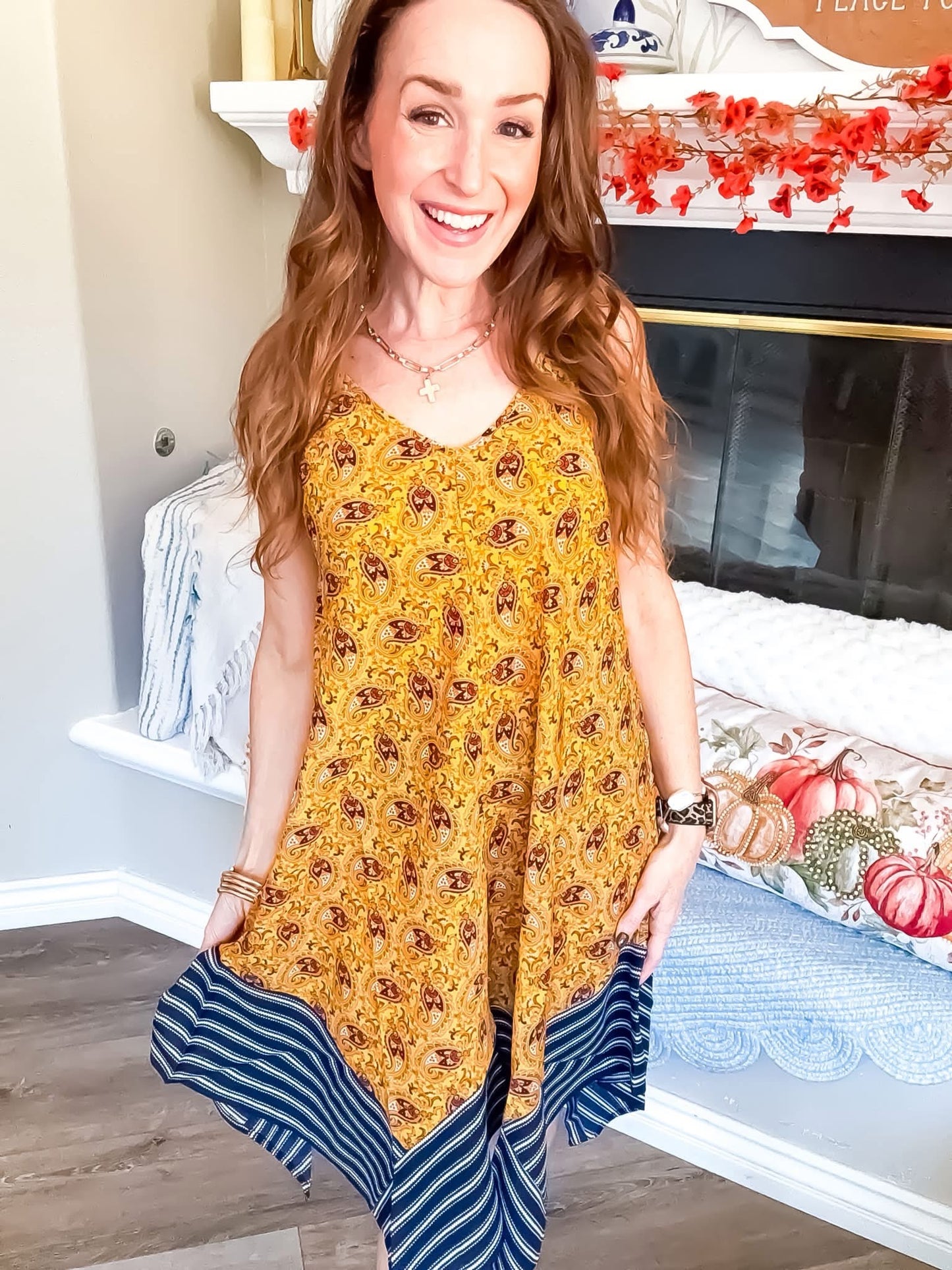 Golden paisley handkerchief hem slip dress