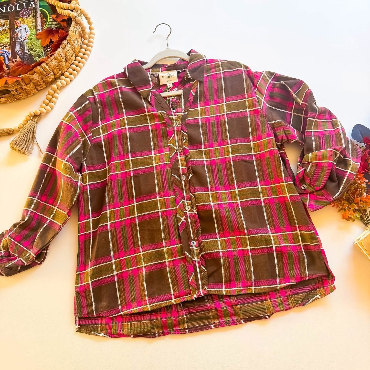 Cranberry brown plaid button-up top flat lay