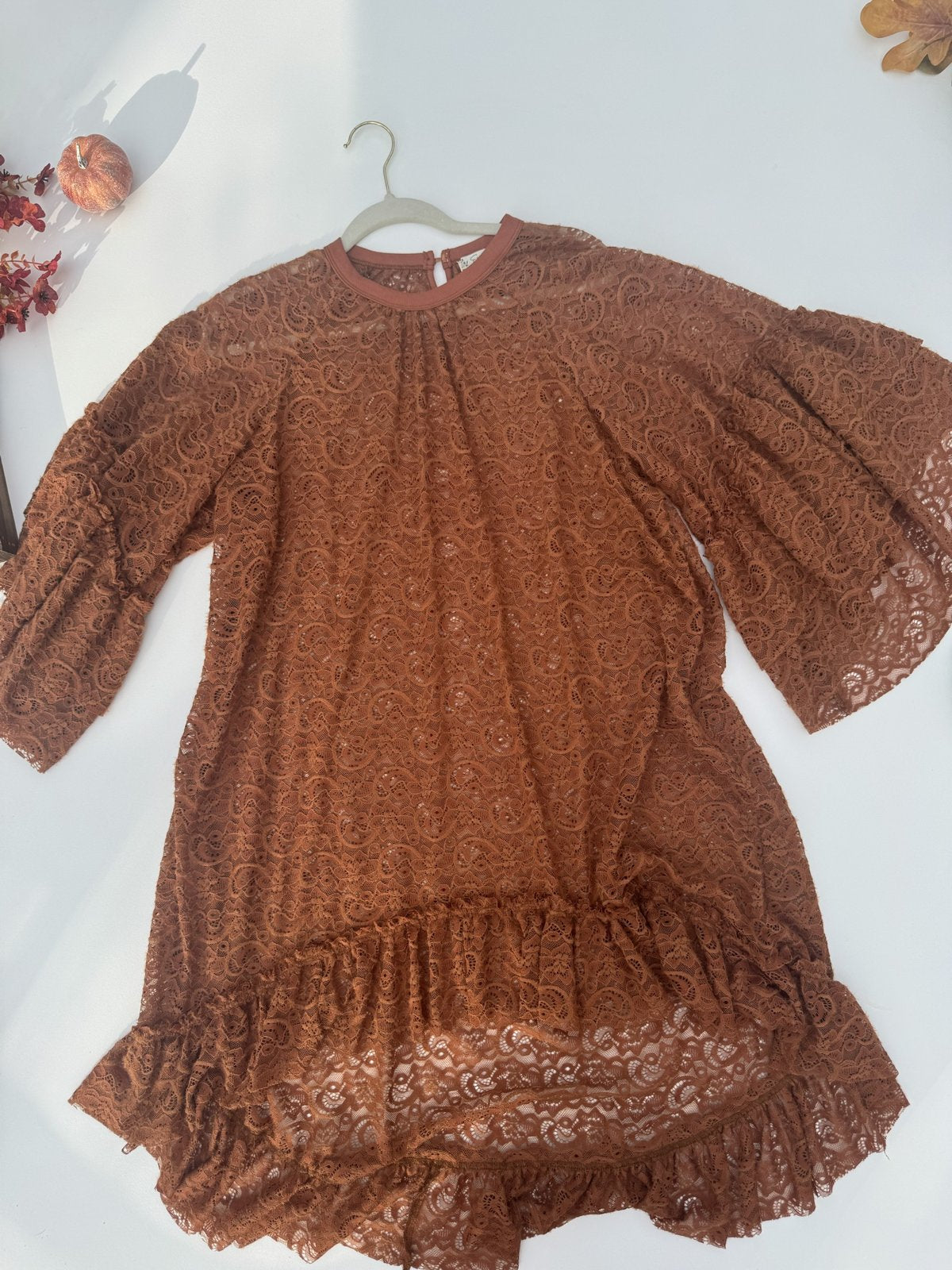 Rust & Roses Lace Bell Sleeve Dress