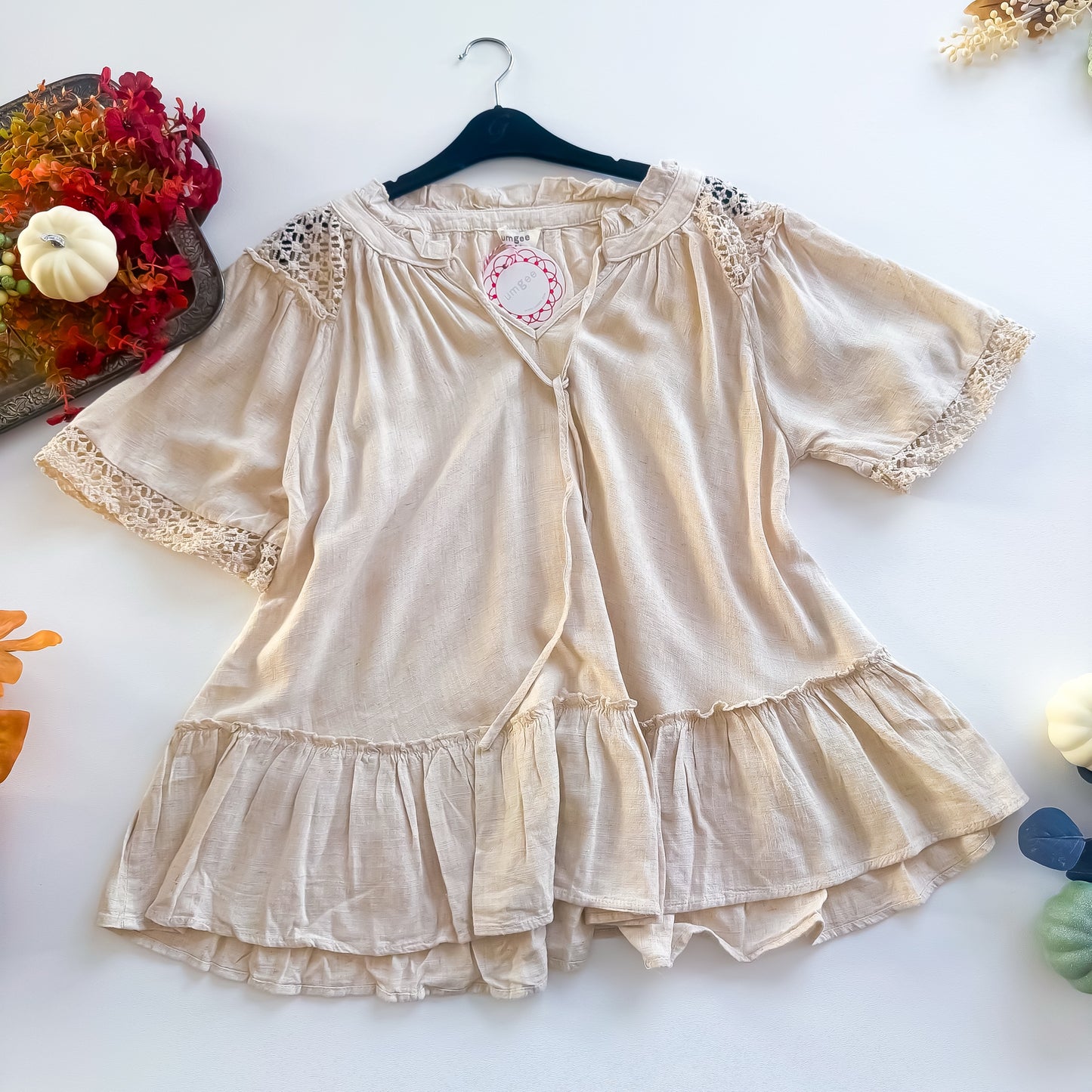 Natural linen crochet trim ruffle hem tunic