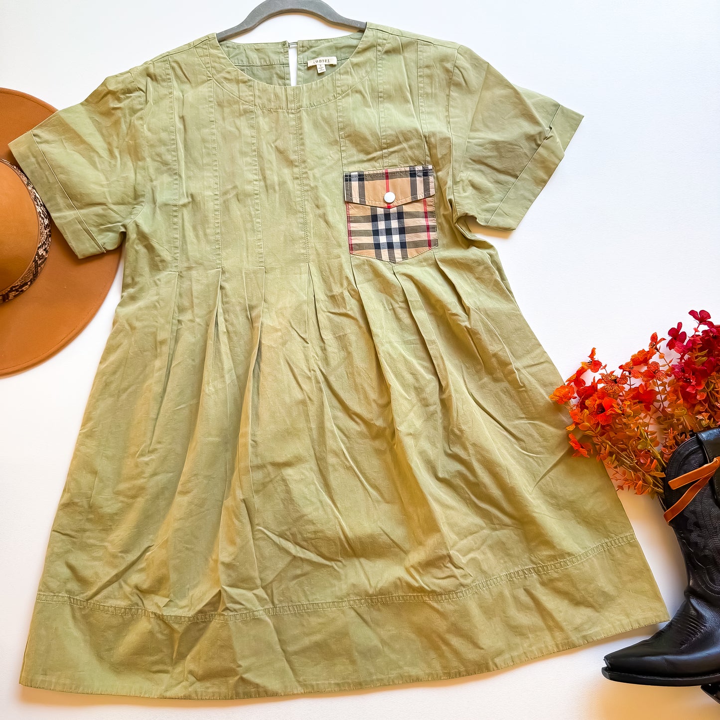 Olive Green Plaid Pocket Dress