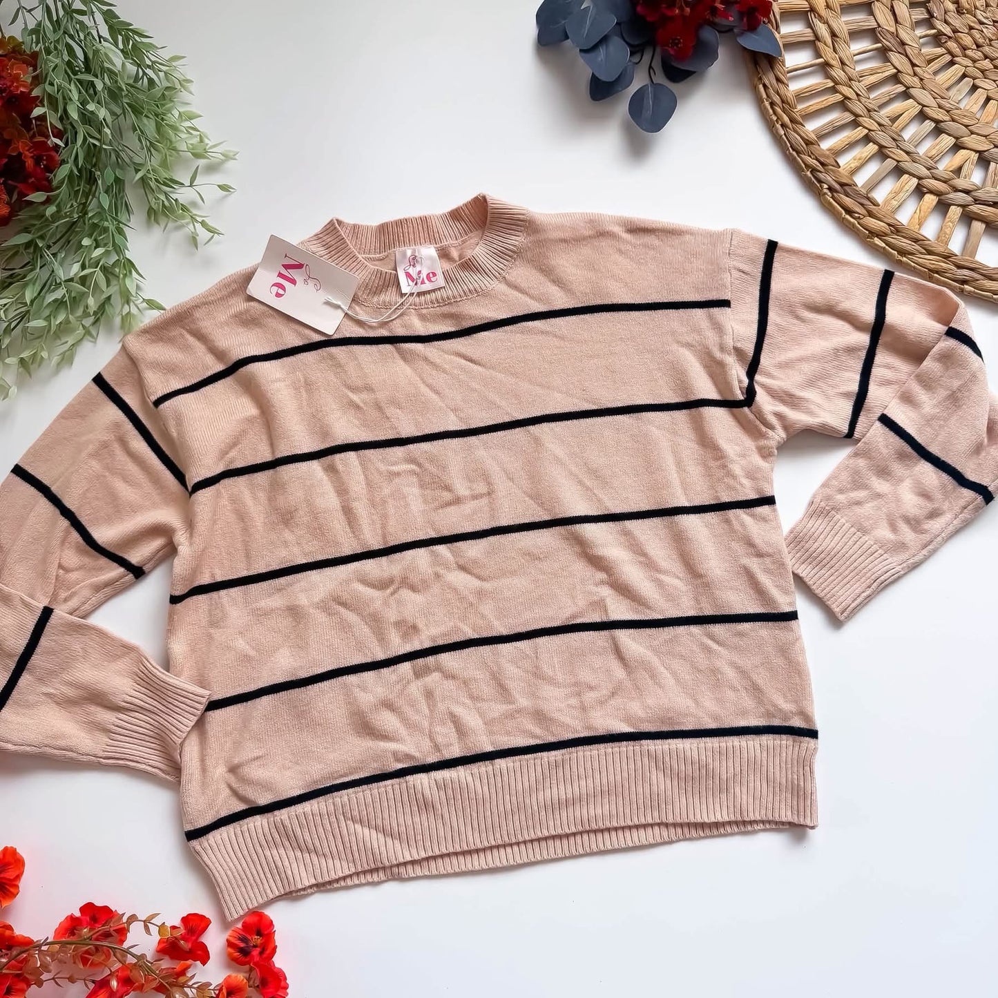 So Me/Bibi Taupe Black Stripe Luxe Sweater