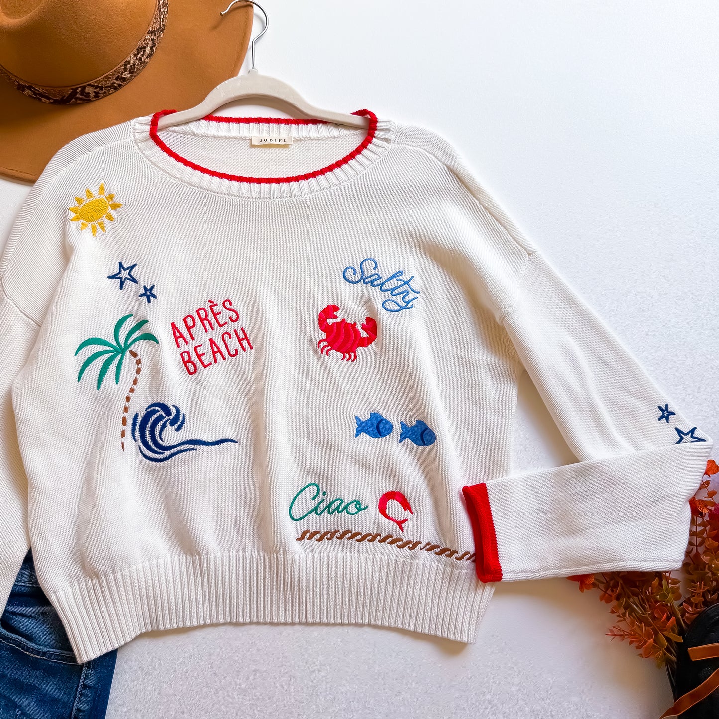 White Beach Embroidered Sweater