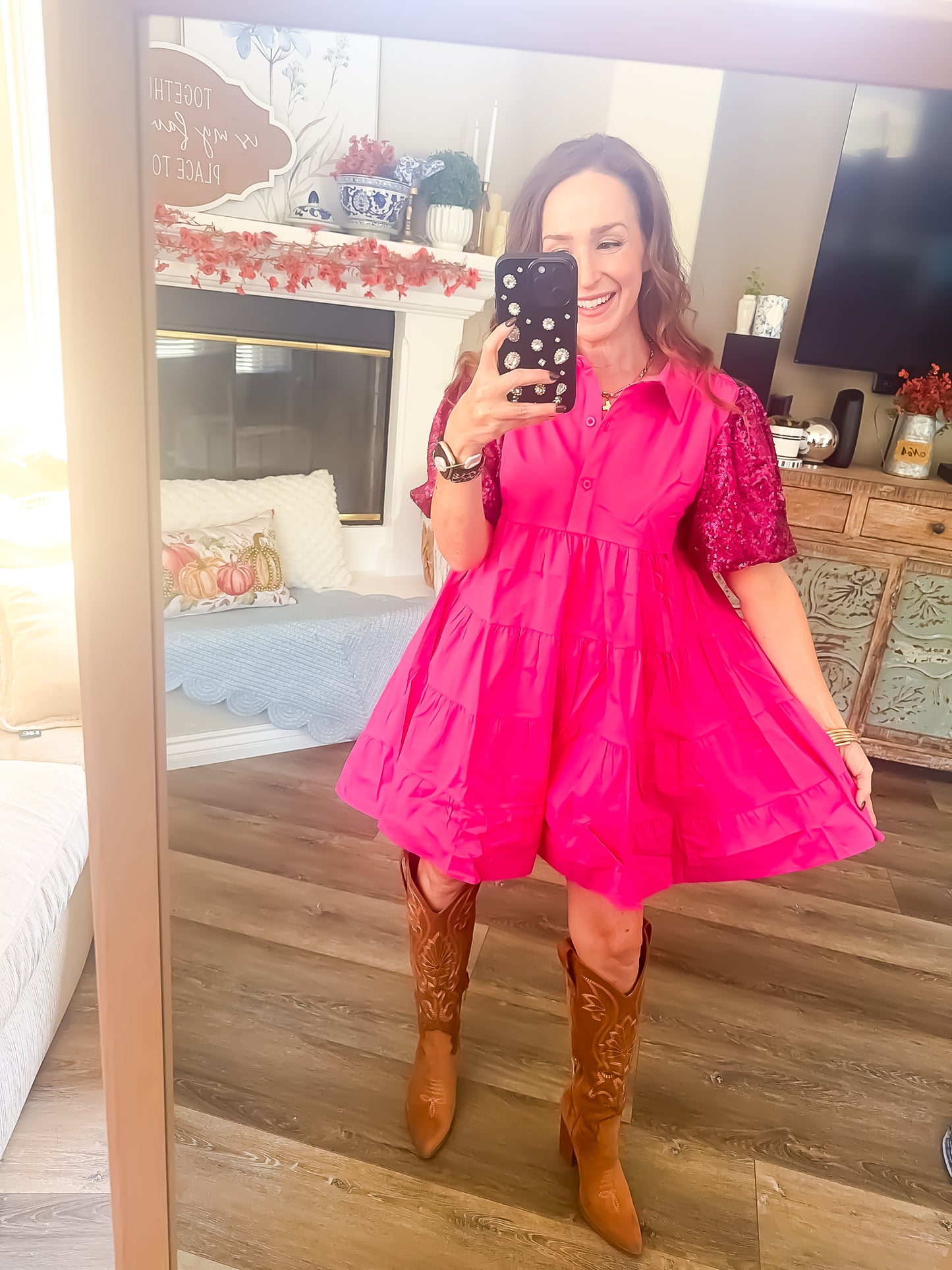 Sequin Puff Sleeve Tiered Mini Dress