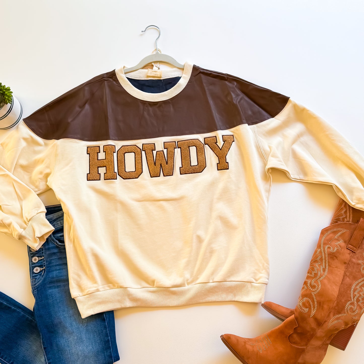 Howdy Y'all Faux Leather Yoke Sweatshirt