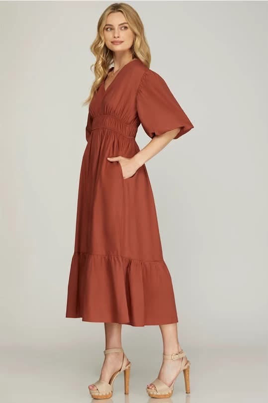 M Cinnamon She and Sky Solid Tiered Midi