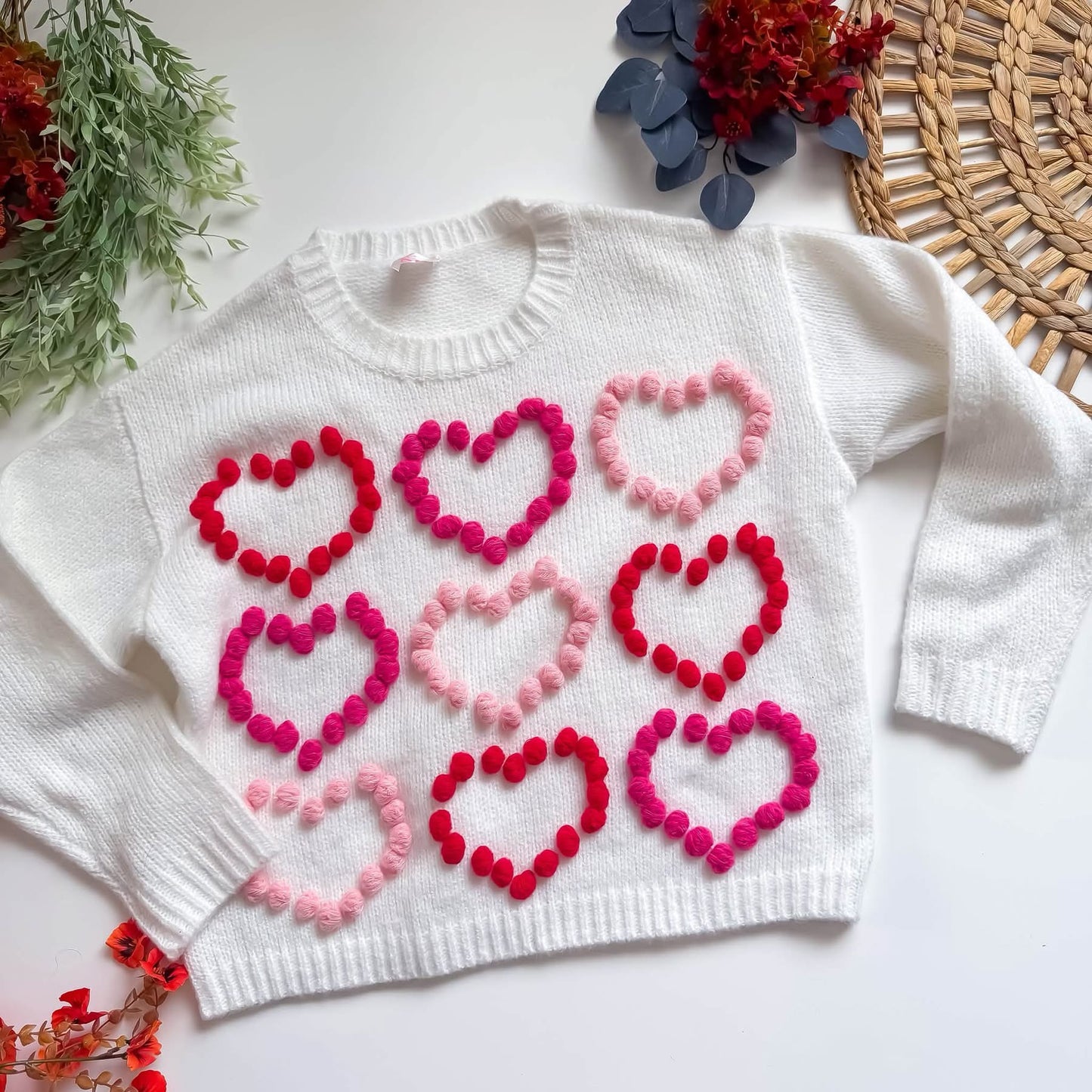 So Me/Bibi White Sweater with Pom Hearts