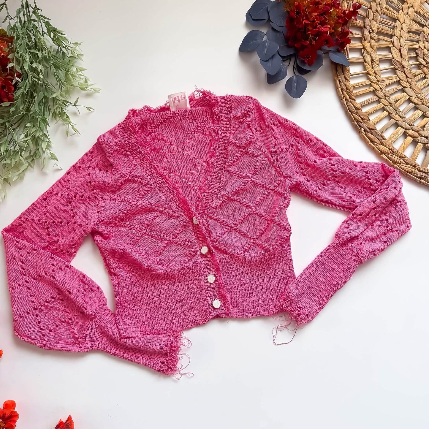 So Me/Bibi Dark Pink Distressed Cardigan