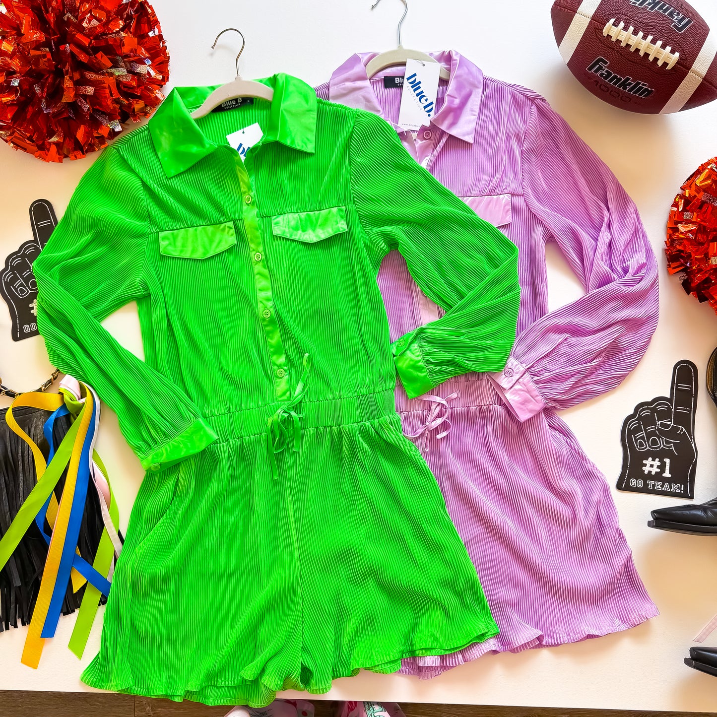 Tailgate Shine Plissé Button-Front Romper