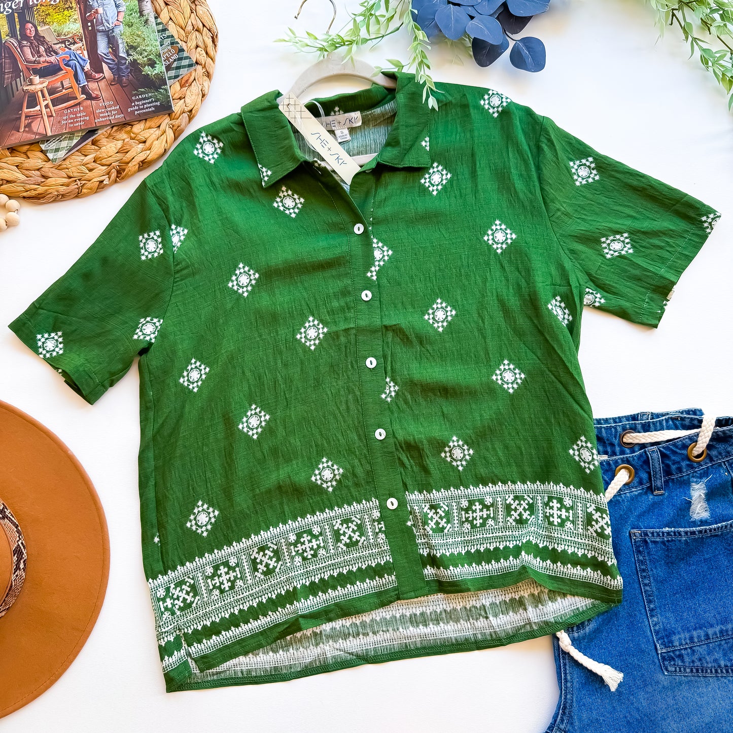 Green Print Button Up Blouse