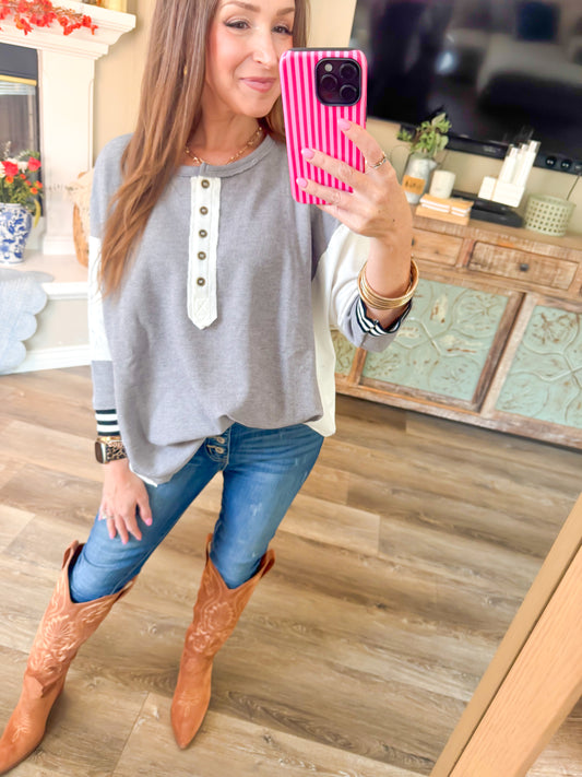 Blue B Grey Stripe Detail Top