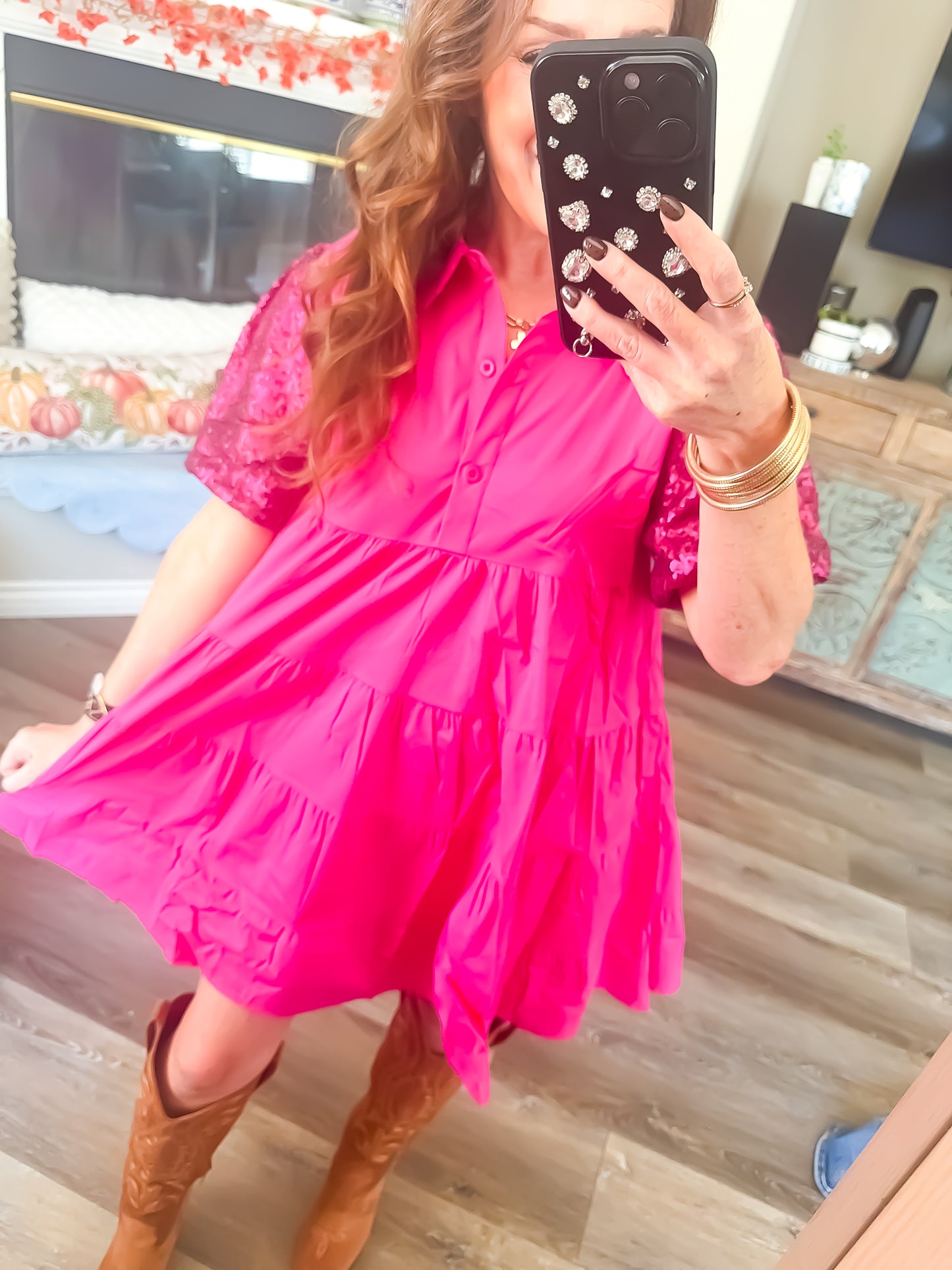 Sequin Puff Sleeve Tiered Mini Dress