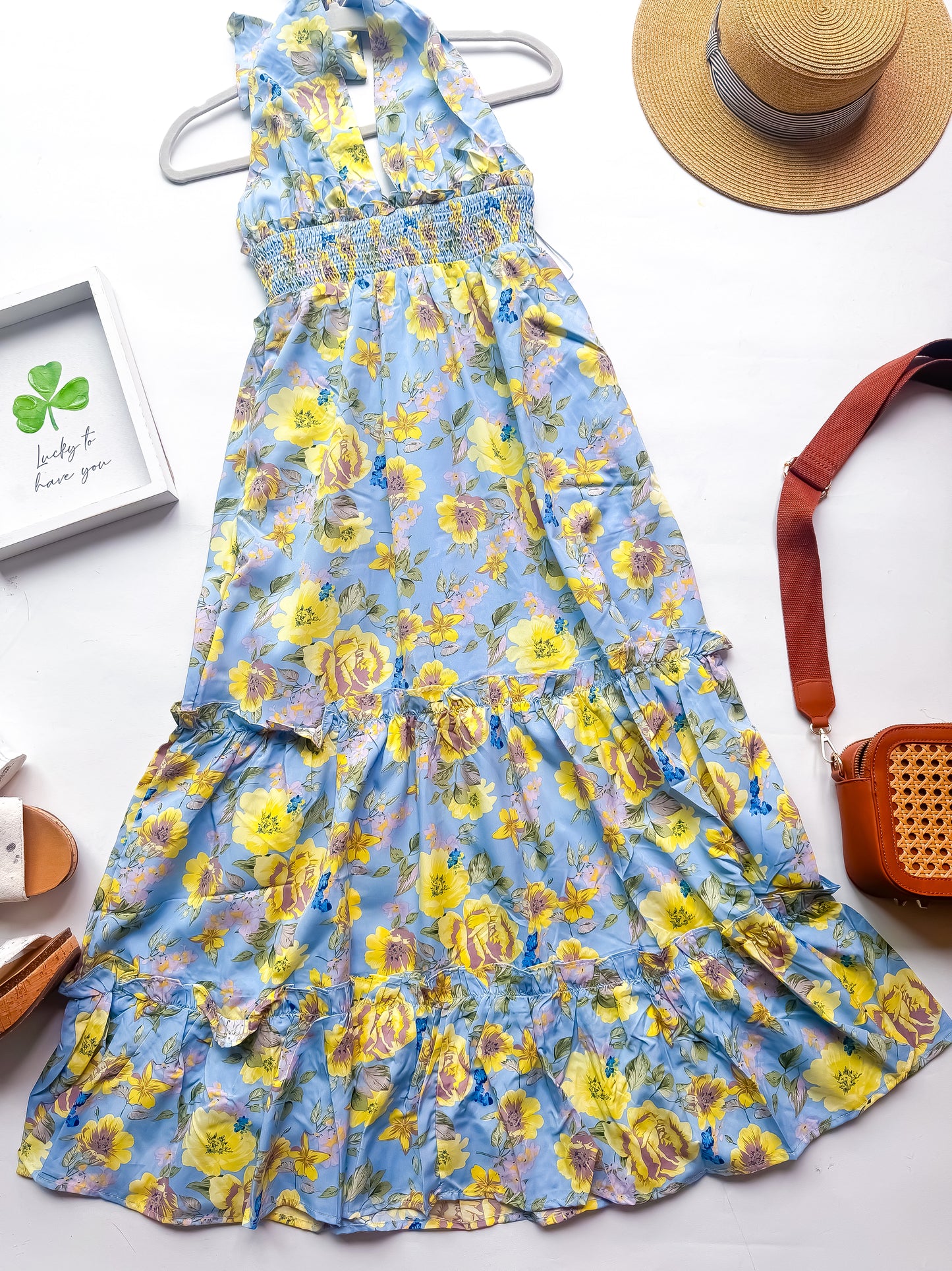 Lena Light Blue Halter Floral Dress