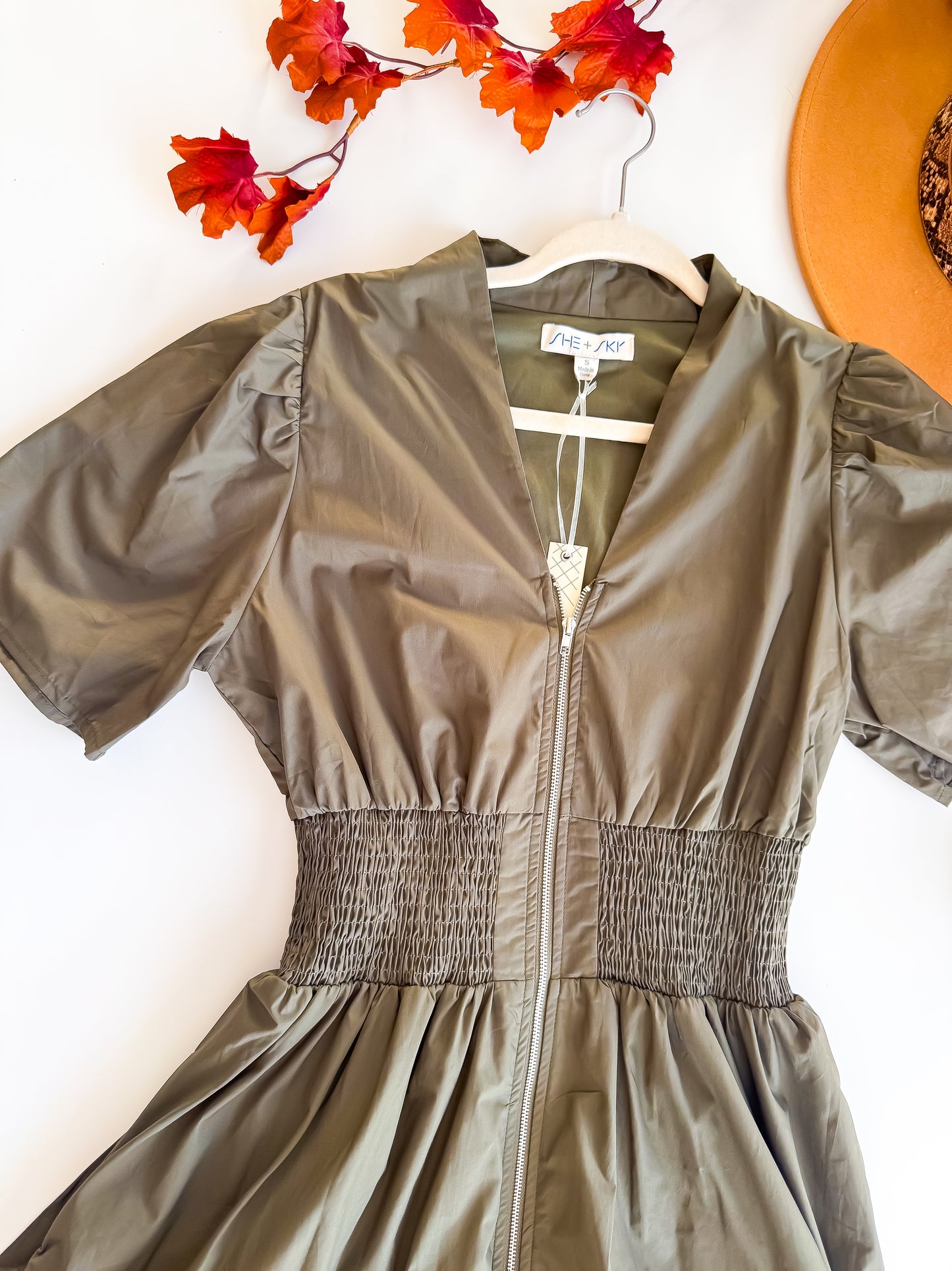 Olive Smocked Waist Zip-Front Midi Dress