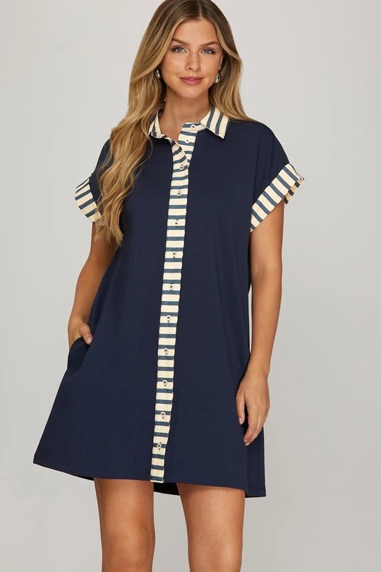Drop Shoulder Contrast Cuff Shirt Mini Dress
