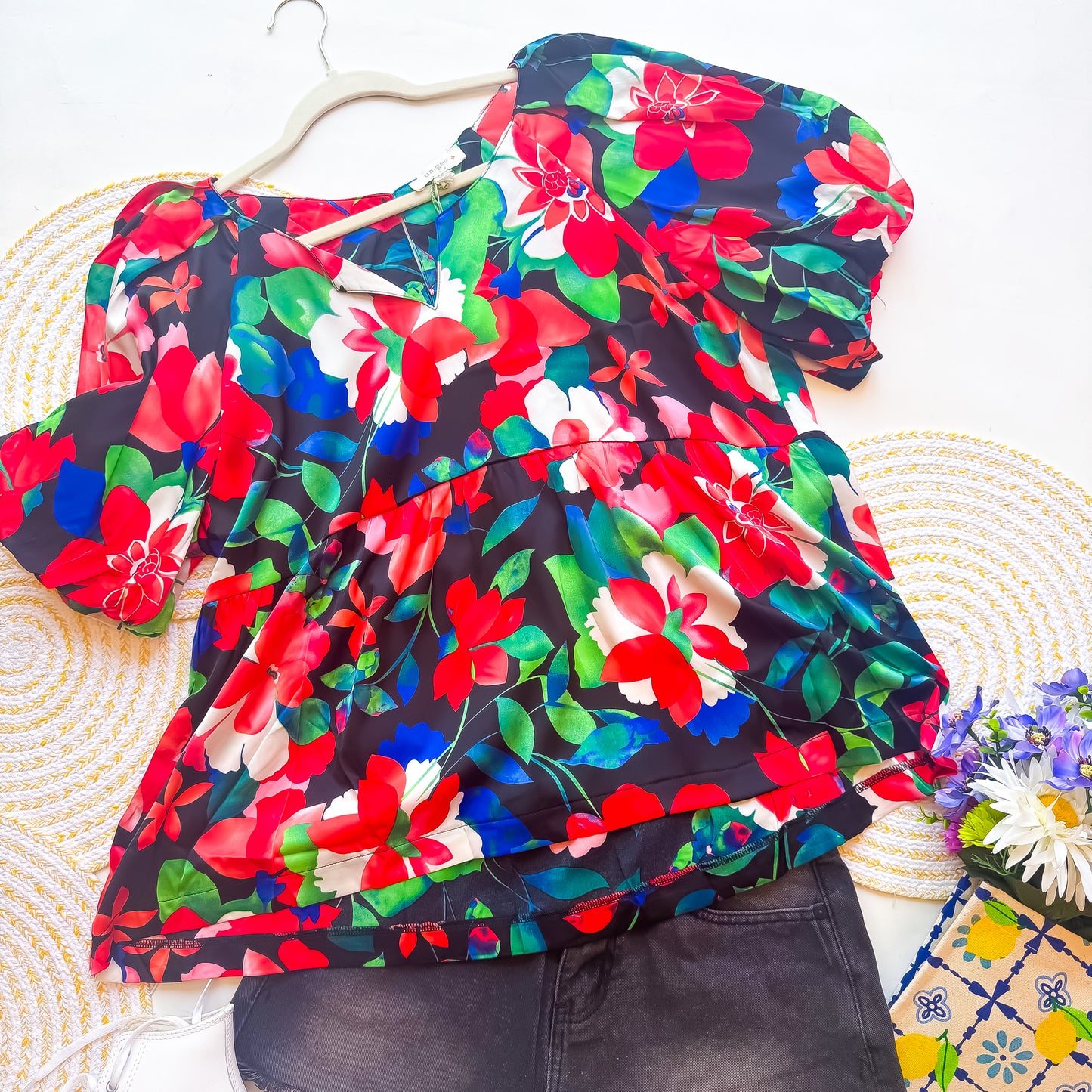 Plus Black Floral V Neck