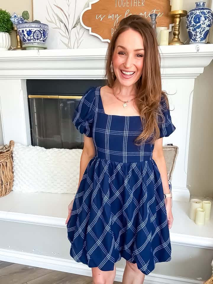 Umgee Navy Plaid Babydoll Dress