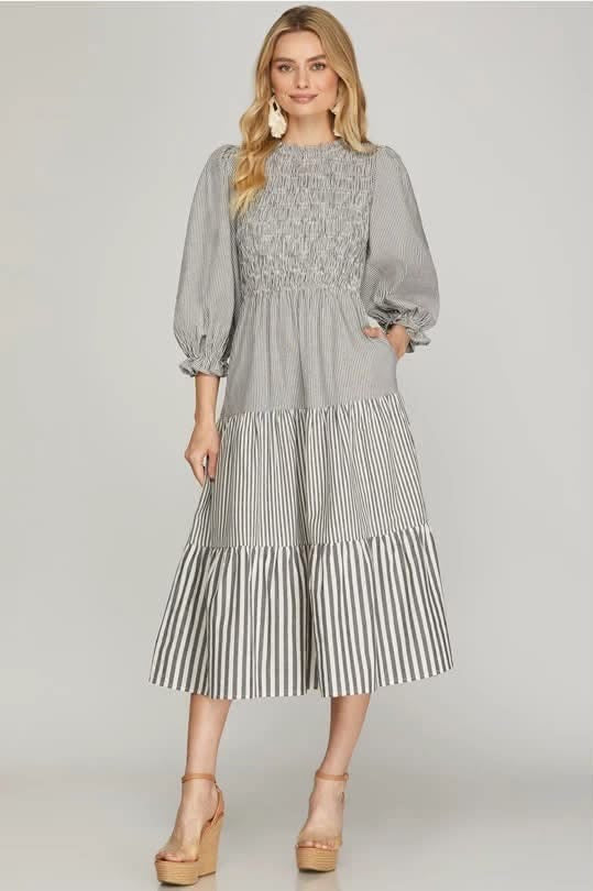 L She and Sky Grey Smocked Stripe Midi
