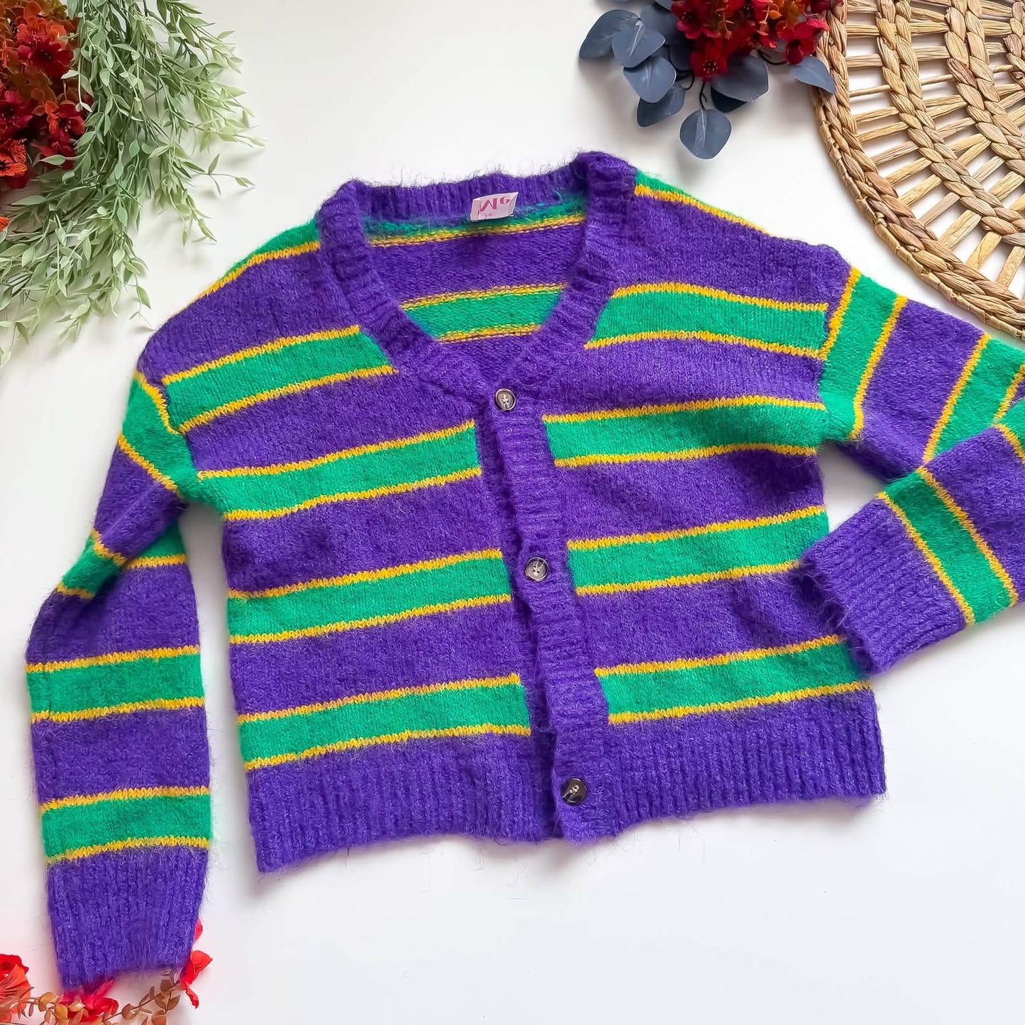 So Me/Bibi Purple Green yellow Stripe Cardigan