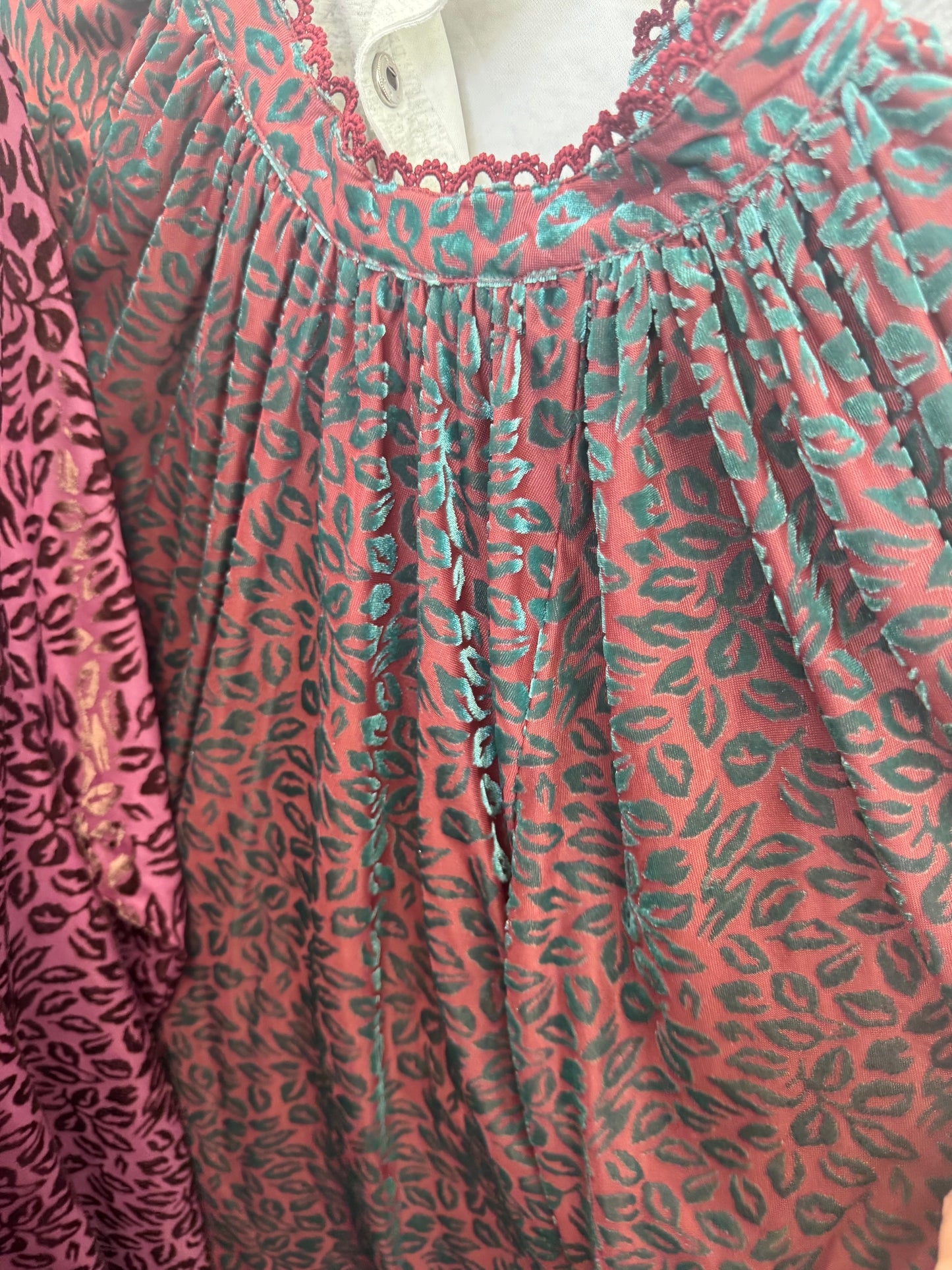 Rust & Teal Burnout Velvet Gathered Neck Top with Lace Trim