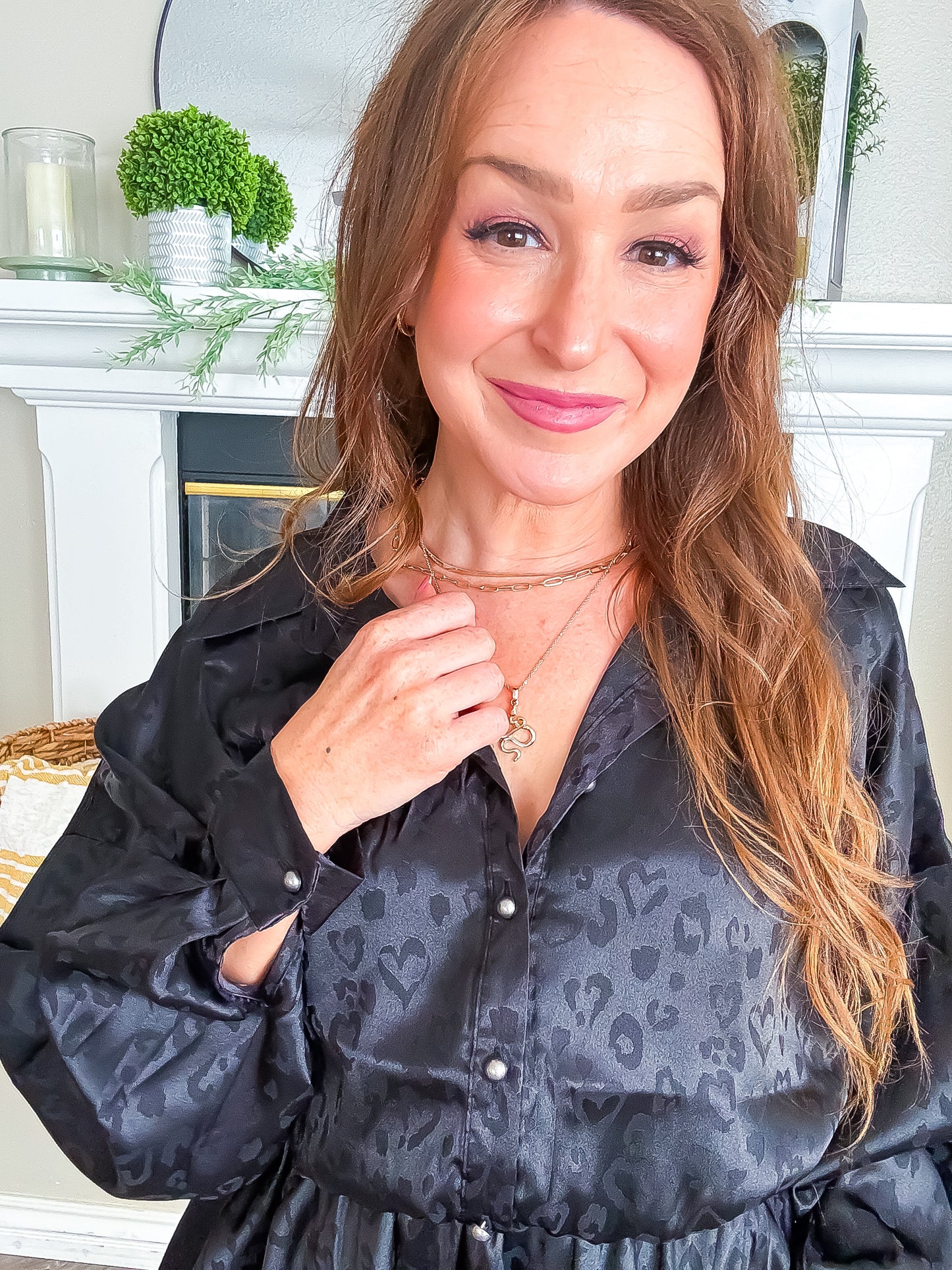 Olivia Black Leopard Satin Long Sleeve Dress