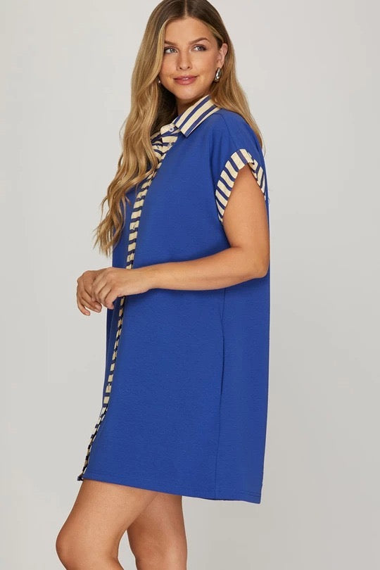 Drop Shoulder Contrast Cuff Shirt Mini Dress