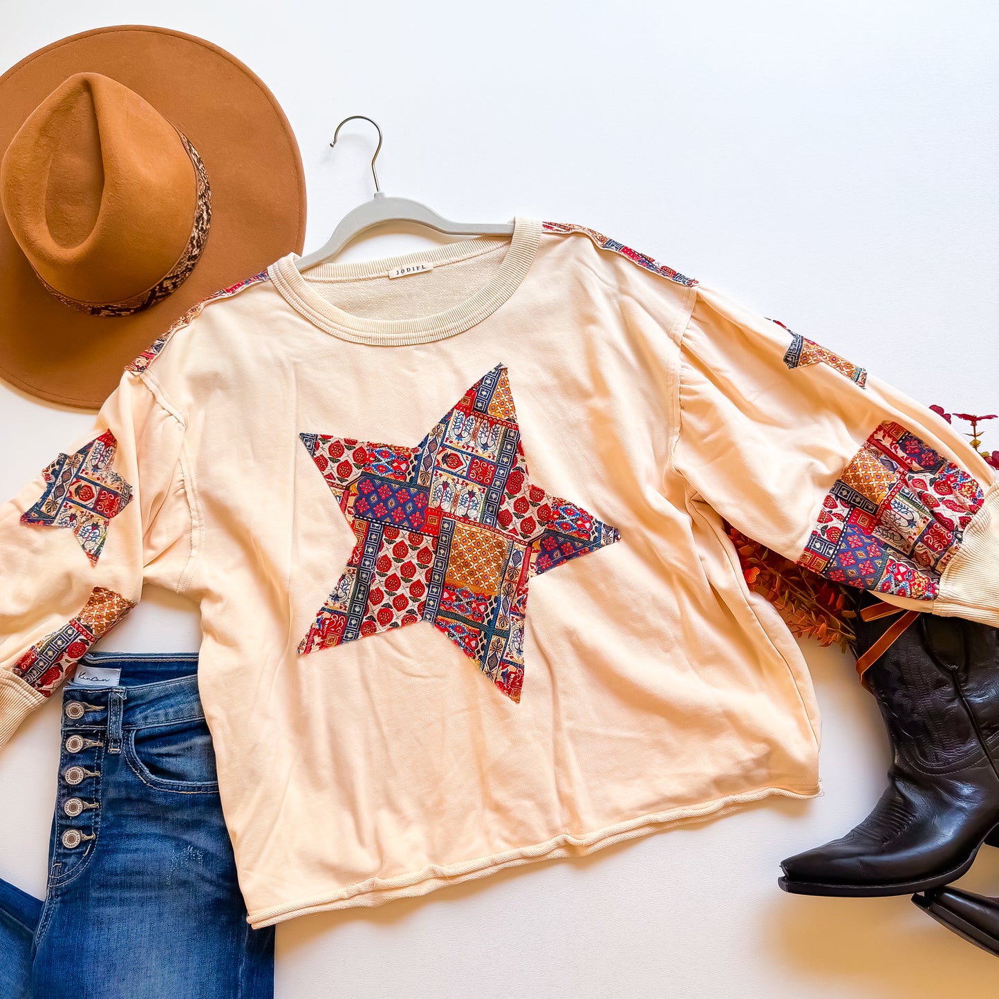 Cream Star Embroidered Graphic Top