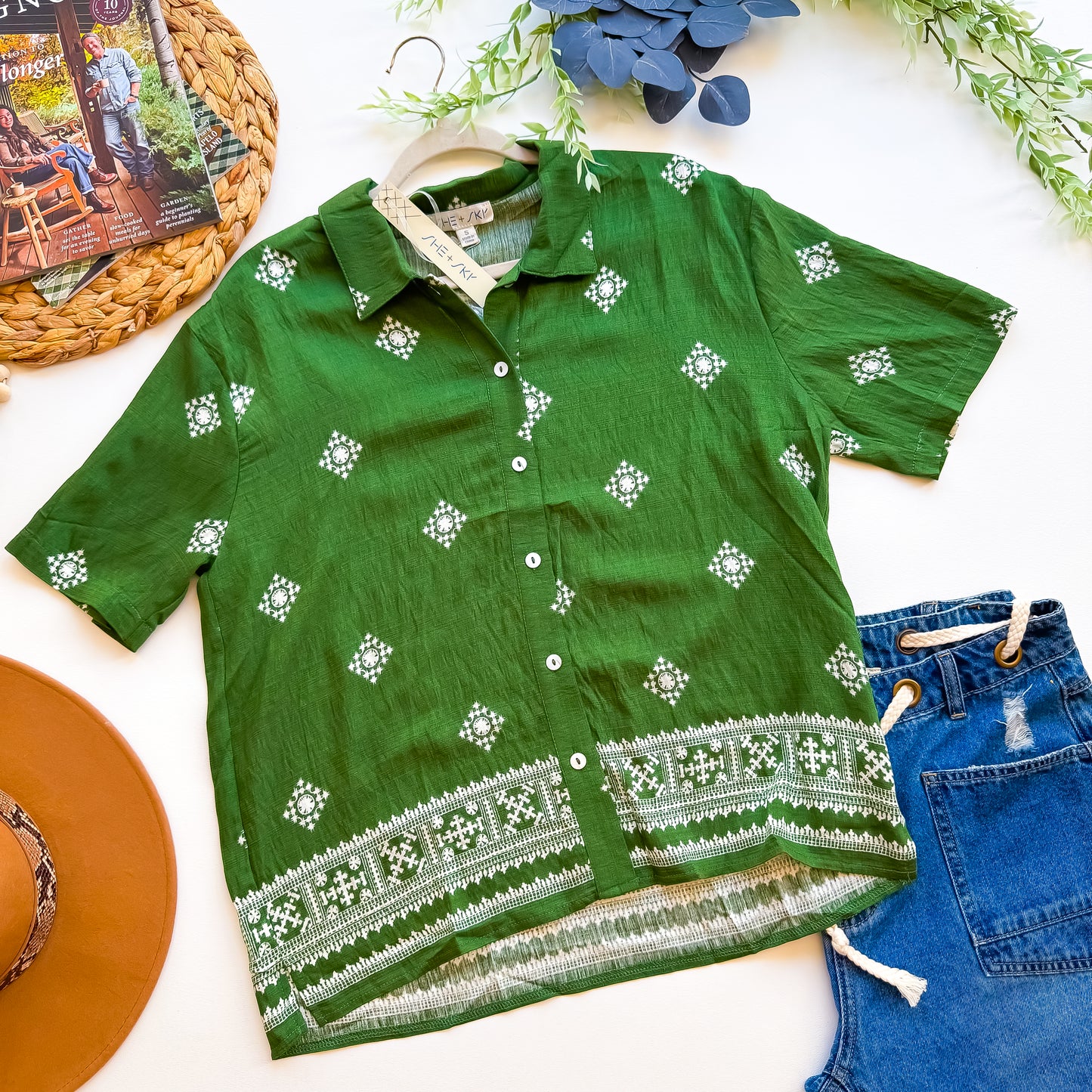 Green Print Button Up Blouse