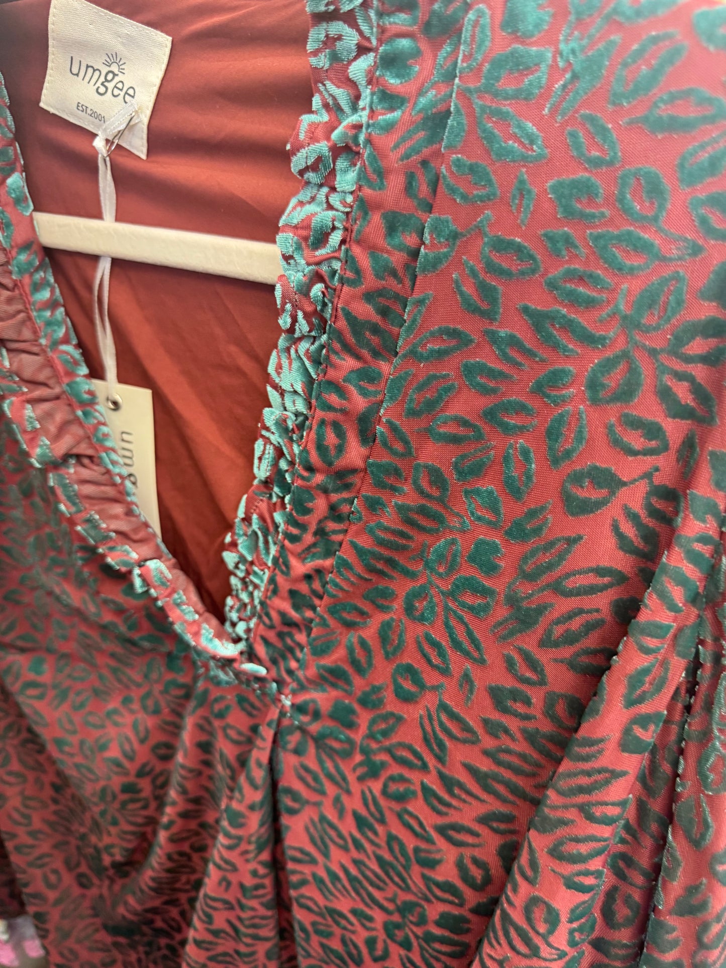 Rust & Teal Burnout Velvet V-Neck Top with Ruffle Trim