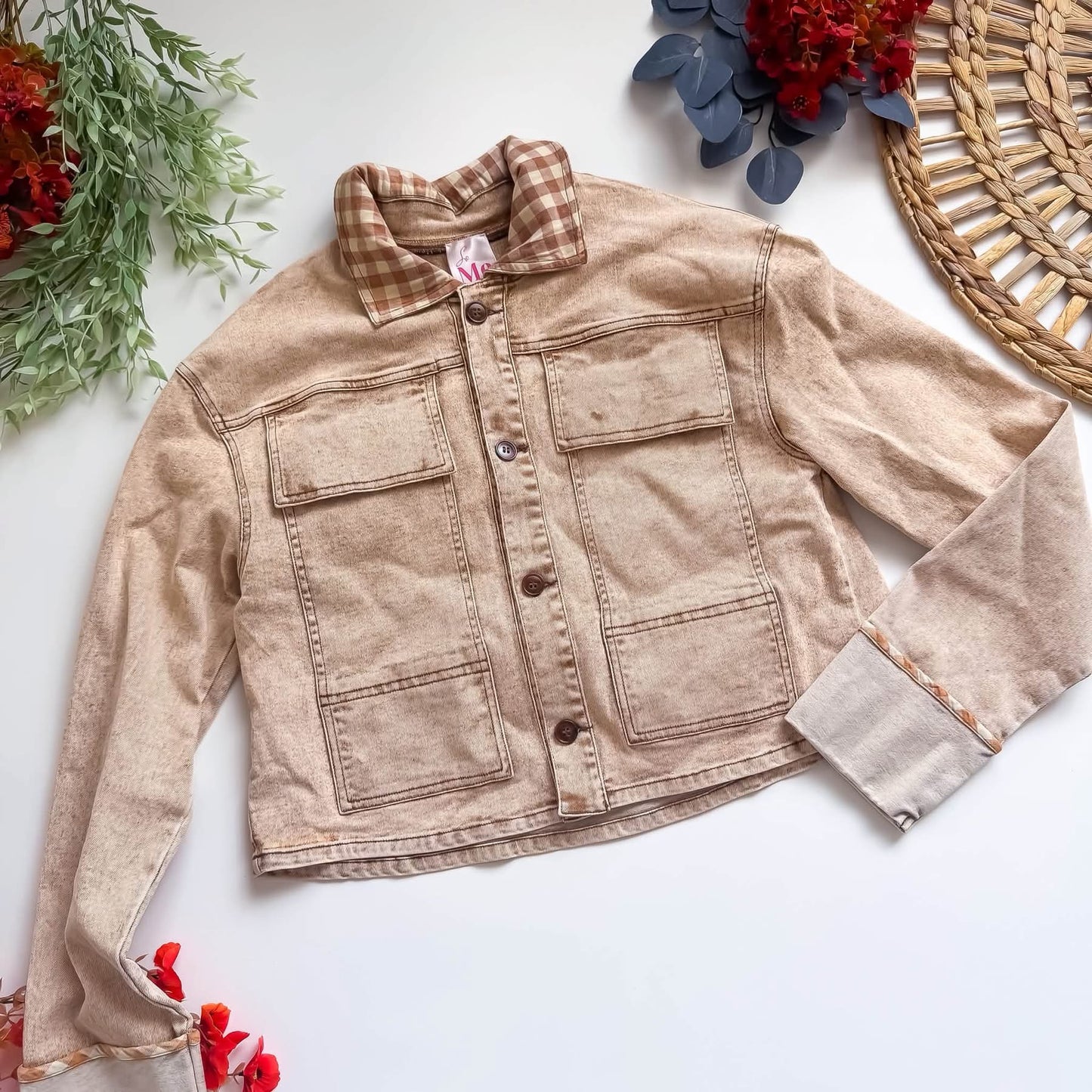 So Me/Bibi Tan Mineral Denim Jacket with gingham Details
